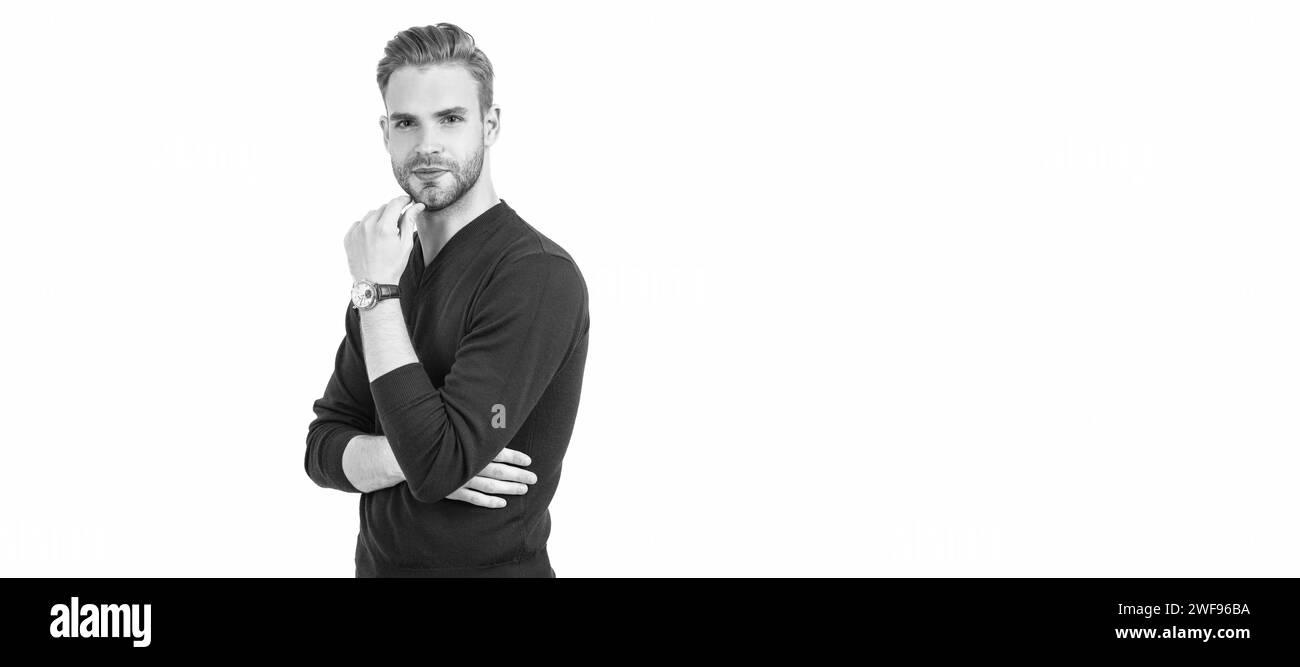 Ottieni il tuo volto più bello di sempre. L'uomo tocca il mento senza rasature. Uomo volto ritratto, banner con spazio copia. Foto Stock