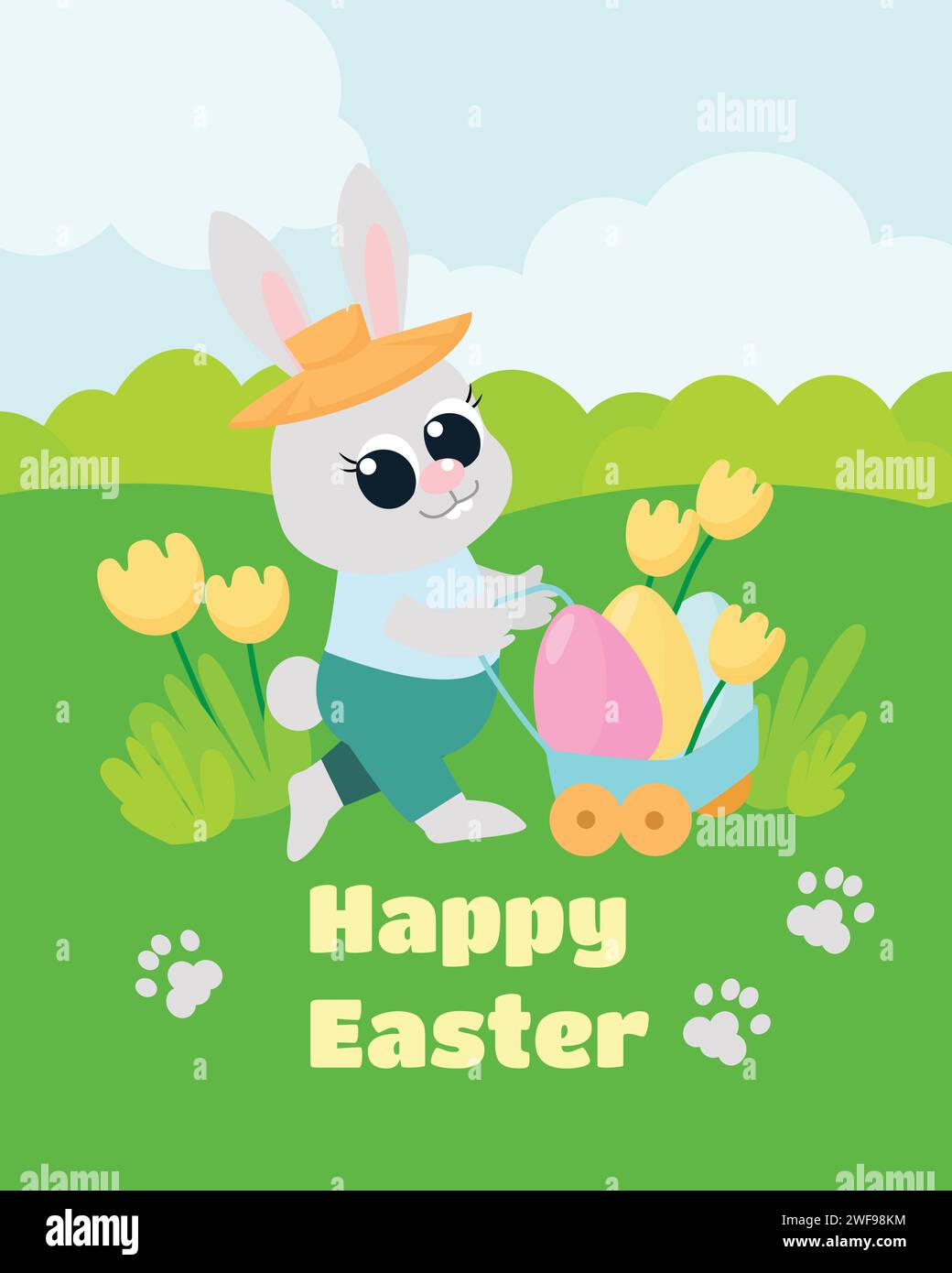 Easter card. Il piccolo carino coniglietto pasquale porta uova colorate in un carrello. Grande illustrazione in stile cartone animato. Illustrazione Vettoriale