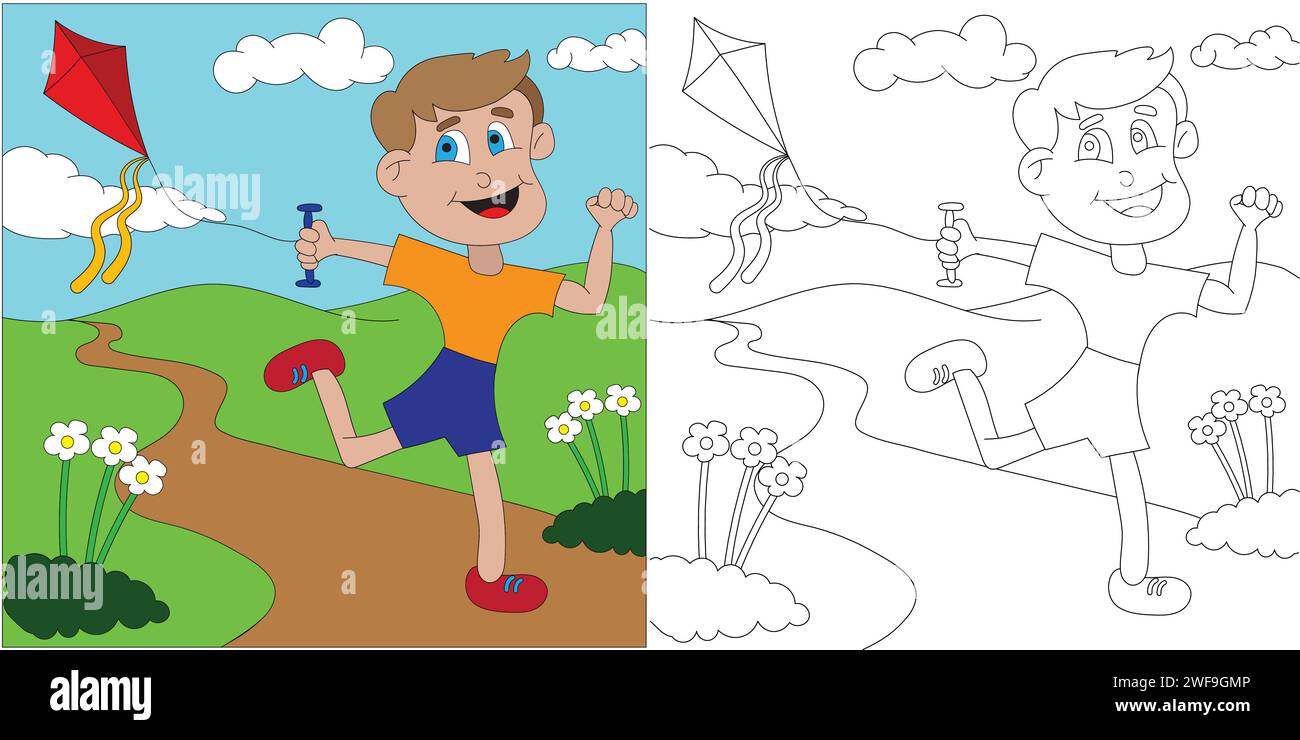 Boy Flying a Kite Coloring Page Illustrazione Vettoriale
