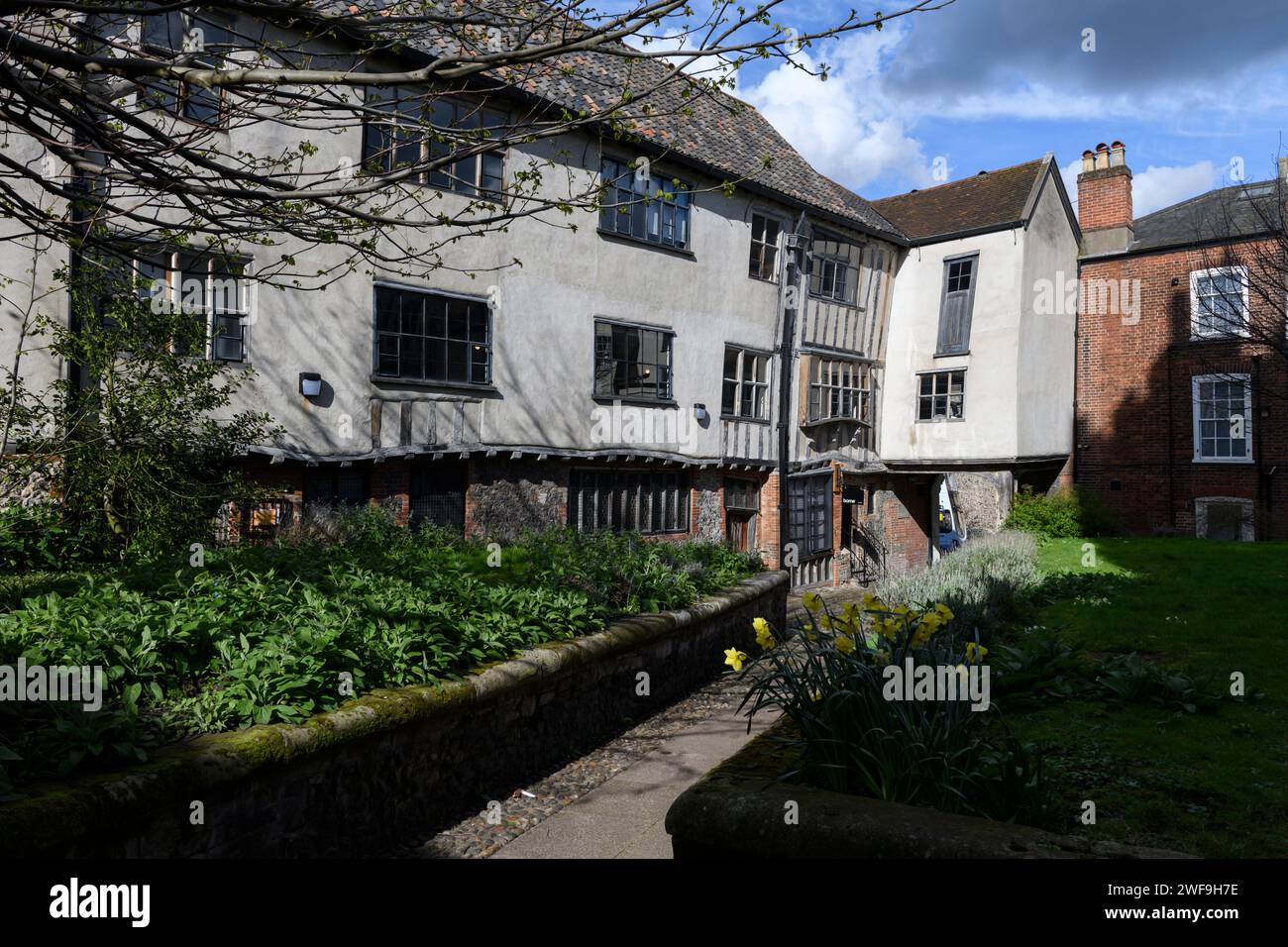 La vista posteriore della casa di Augustine Steward, costruita nel 1530, è un tipico esempio di residenza di un mercante Tudor. Tombland Alley, Norwich, Norfol Foto Stock