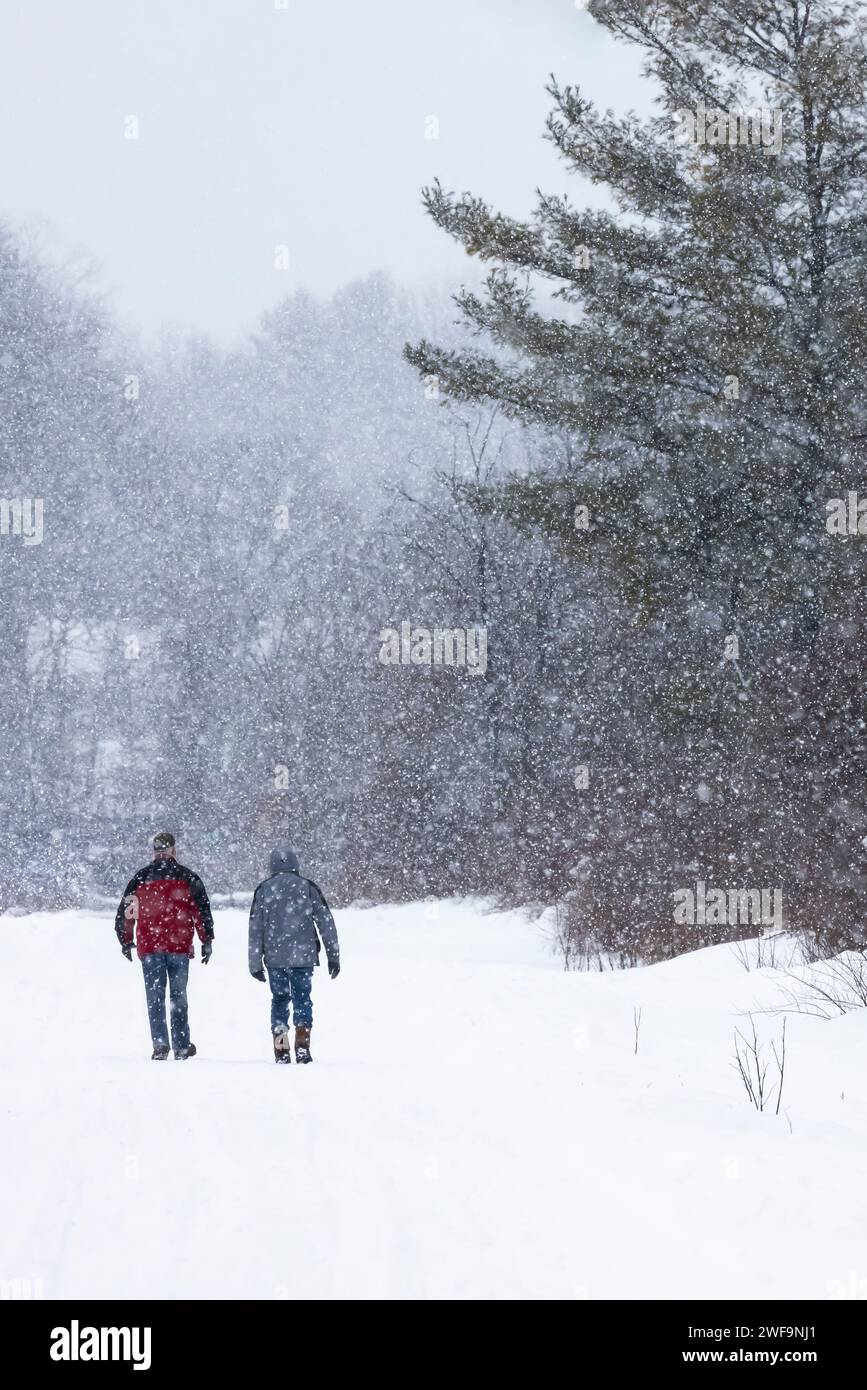 Due amici che camminano su una strada innevata invernale nella contea di Mecosta, Michigan, Stati Uniti [nessun modello rilasciato; solo licenze editoriali] Foto Stock