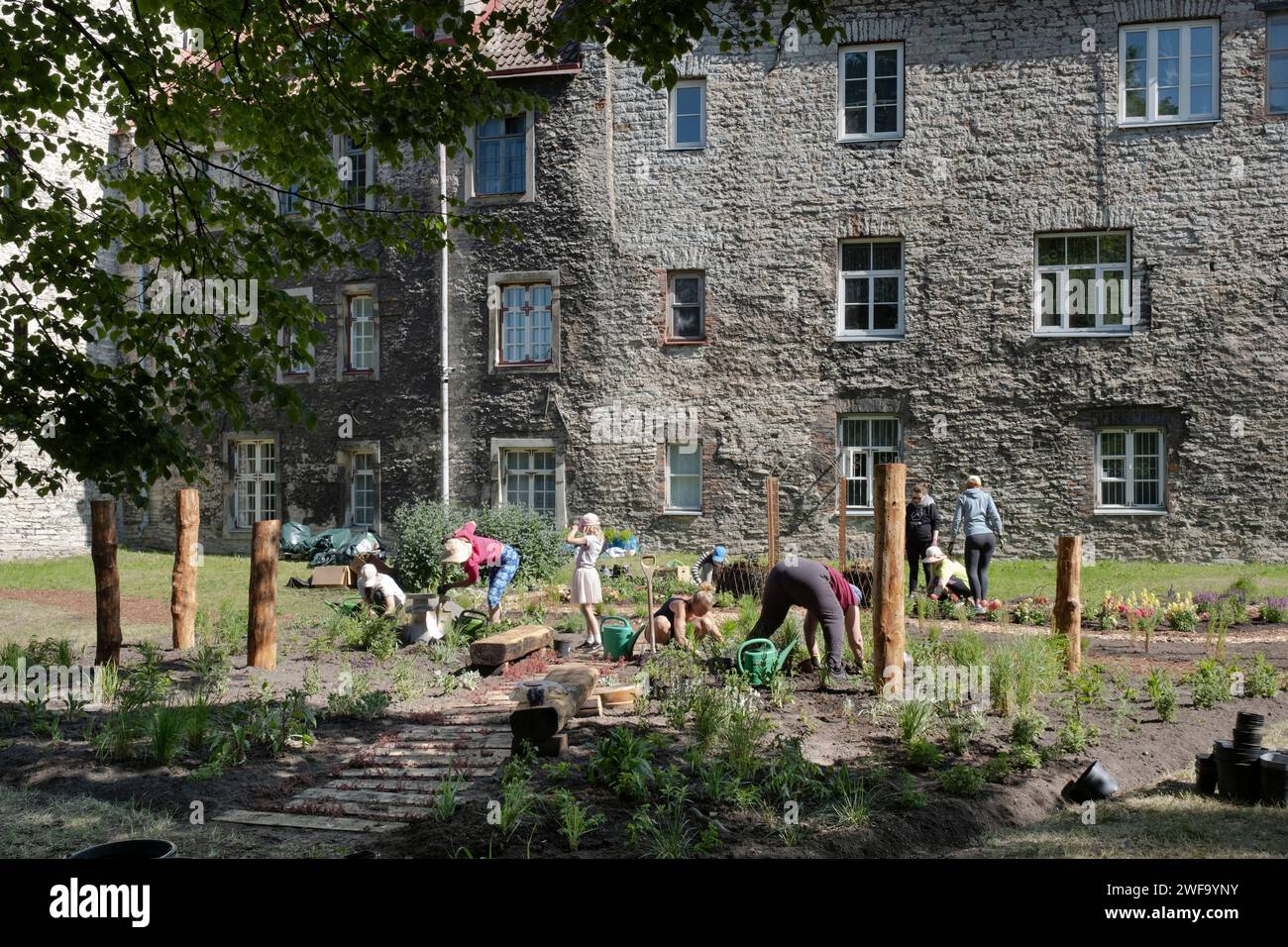 Alcune famiglie coltivano e mantengono un giardino di fronte a un bellissimo condominio nelle mura esterne della città di Tallinn in una giornata di sole Foto Stock