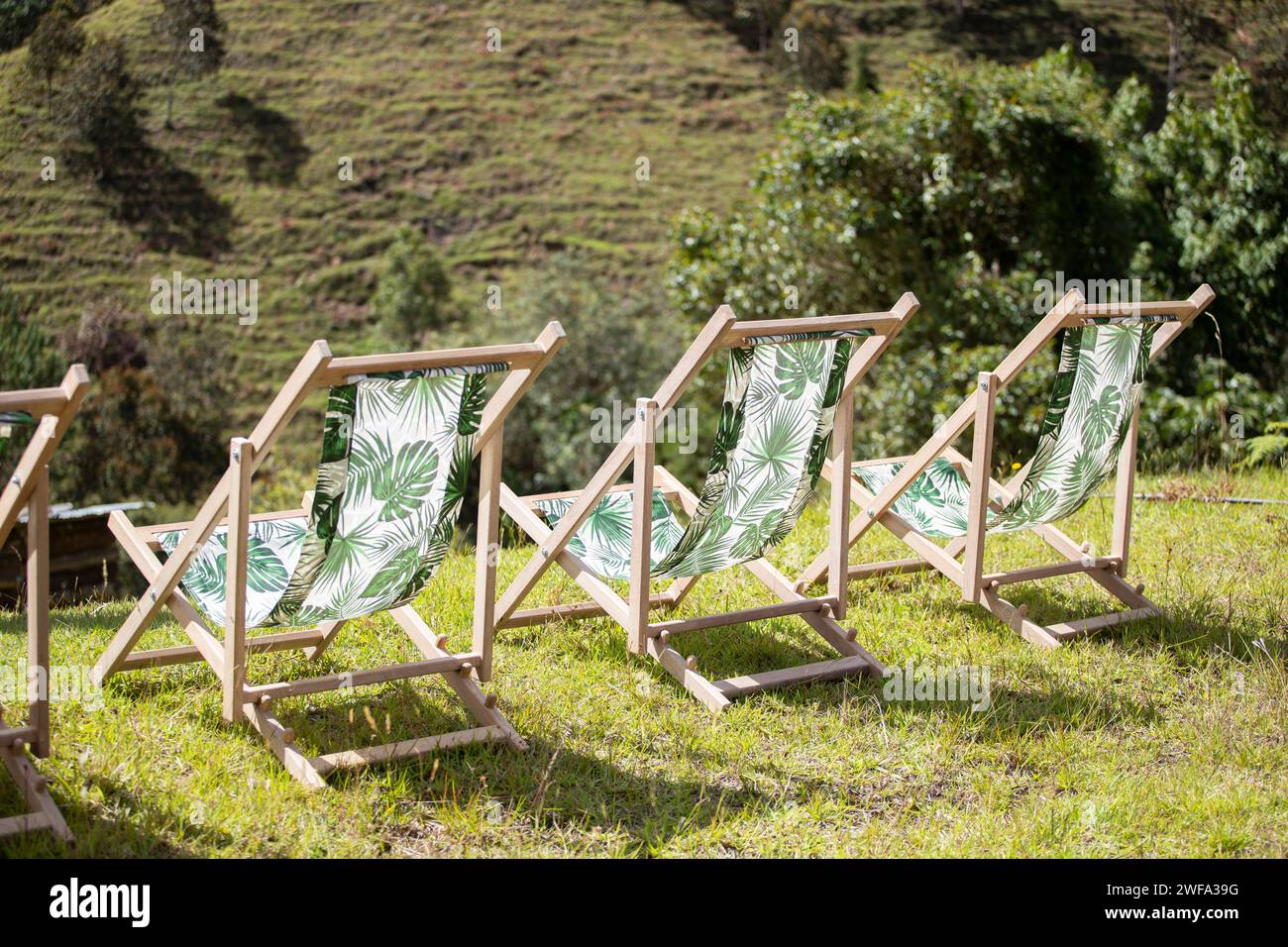 Sedie in legno, con tessuti vegetali, nelle verdi montagne. Foto Stock
