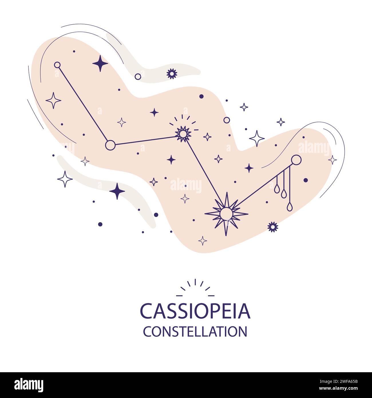 Illustrazione vettoriale Star Constellation Cassiopeia in stile trendy. Concetto di astronomia. Design astrologico magico. Sfondo esoterico boho. Per astrolo Illustrazione Vettoriale
