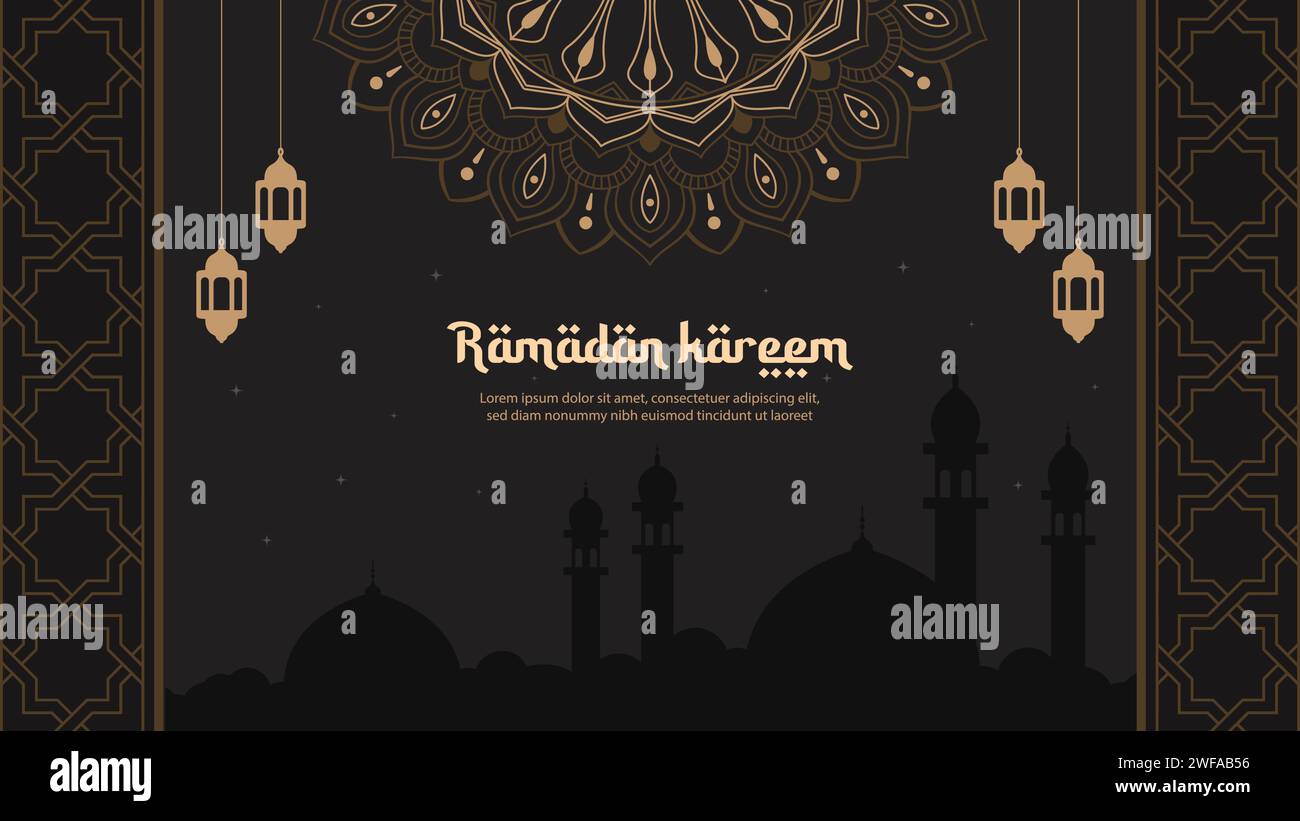 Biglietto d'auguri per Ramadan Karem. Sfondo islamico e sagoma della moschea con mandala Illustrazione Vettoriale