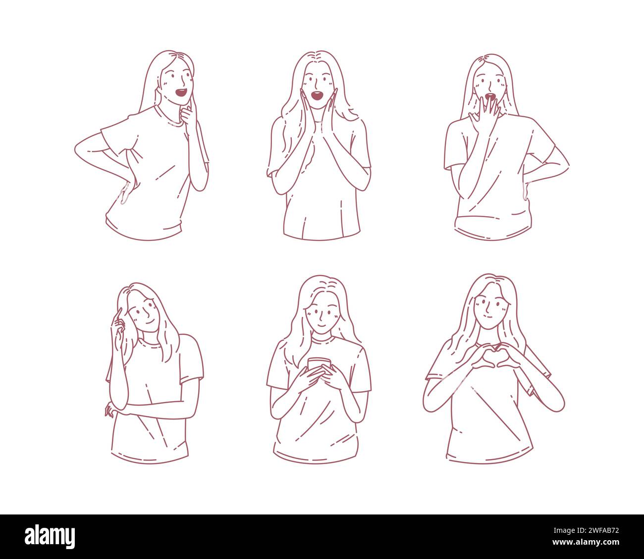 Vari comportamenti pongono espressione felice personaggio donna. Illustrazioni di design vettoriale in stile doodle disegnate a mano. Illustrazione Vettoriale