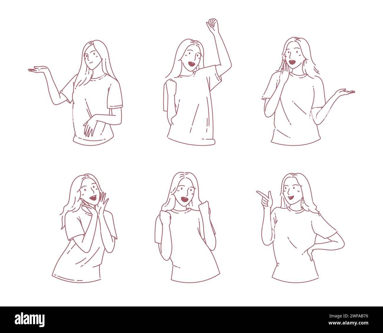 Vari comportamenti pongono espressione felice personaggio donna. Illustrazioni di design vettoriale in stile doodle disegnate a mano. Illustrazione Vettoriale