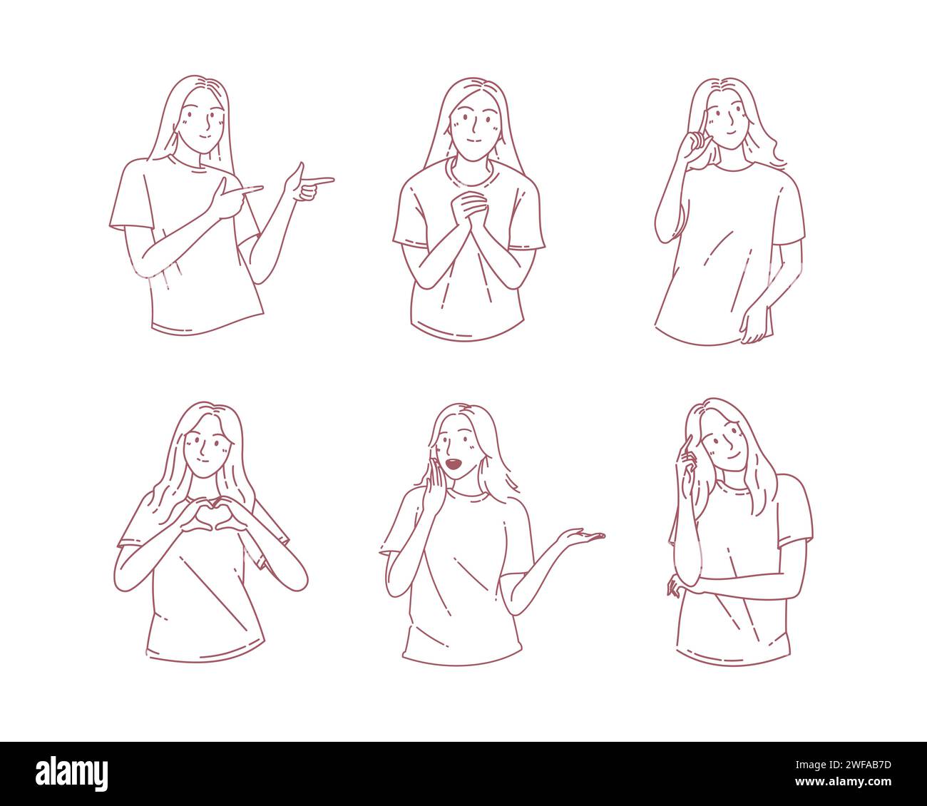 Vari comportamenti pongono espressione felice personaggio donna. Illustrazioni di design vettoriale in stile doodle disegnate a mano. Illustrazione Vettoriale