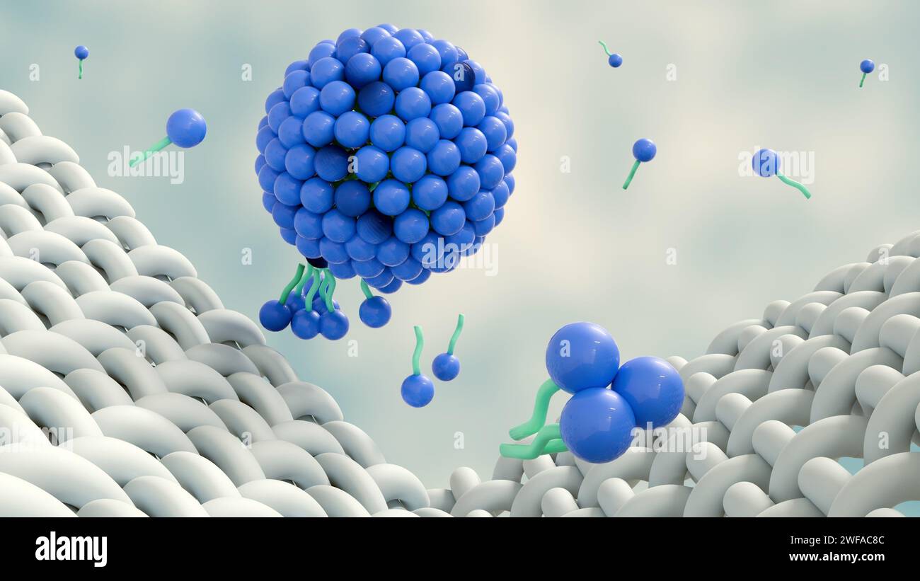 il rendering 3d delle molecole di sapone forma strutture chiamate micelle. forma un'emulsione nell'acqua e aiuta a sciogliere lo sporco quando lavamo il panno Foto Stock