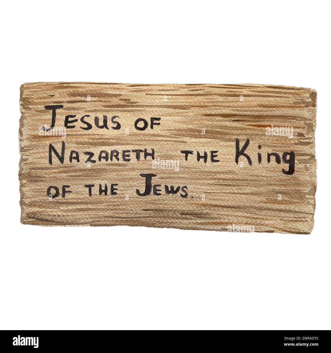 Acquerello iscrizione in legno Gesù di Nazareth il re degli ebrei, illustrazione religiosa isolata su bianco Foto Stock
