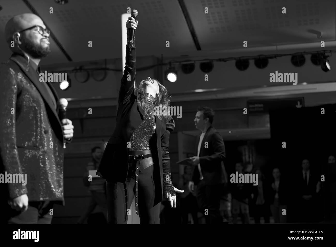 Parigi, Francia. 26 novembre 2023. Julie Pietri e un ospite cantano alla diciottesima edizione del Trophées APAJH al Carrousel du Louvre di Parigi, in Francia Foto Stock