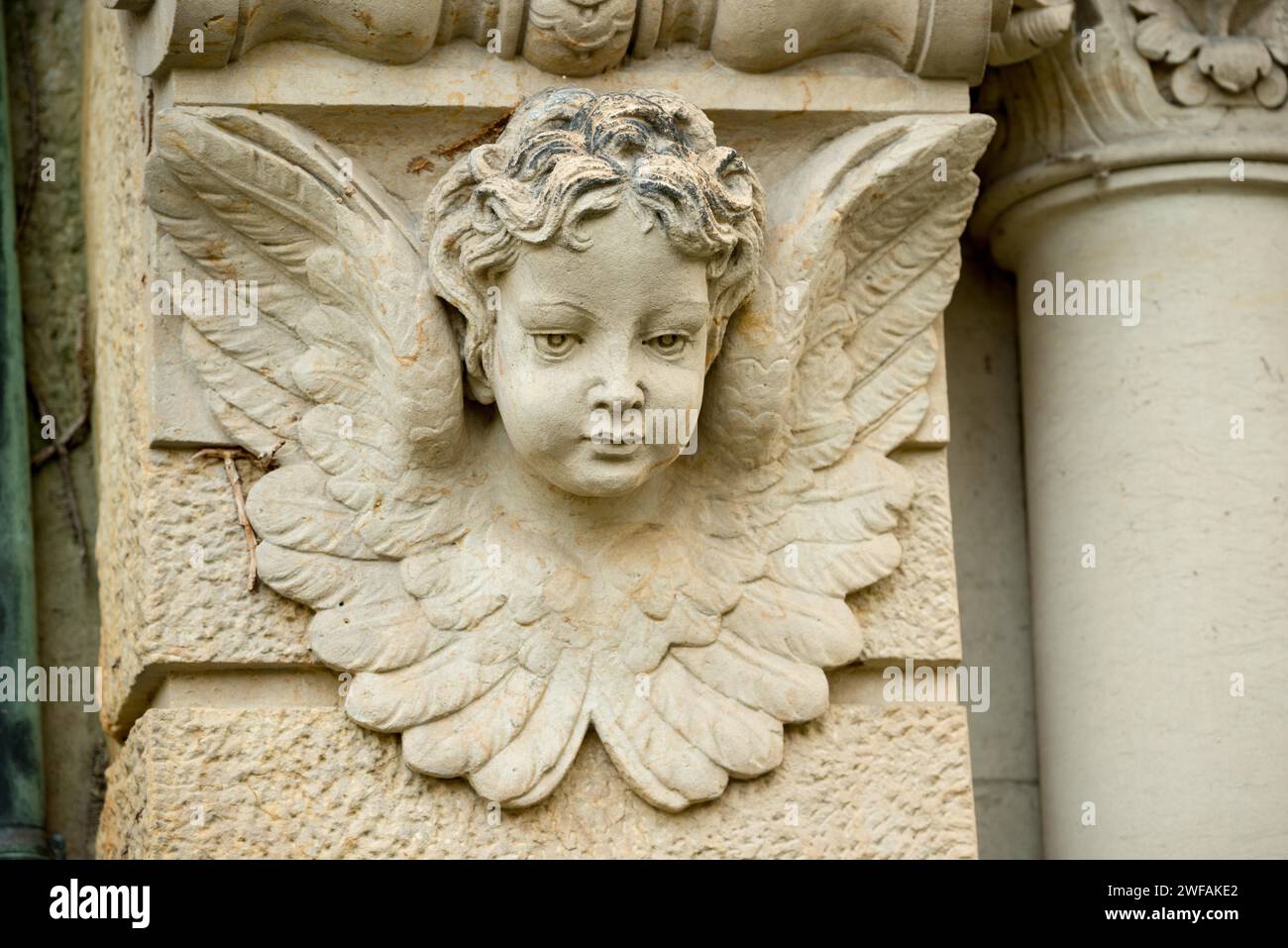 Storica figura di angelo in pietra, figura di angelo, angelo con sguardo abbassato e ali dettagliate su una colonna, putti con ricci, scultura infantile, rilievo Foto Stock