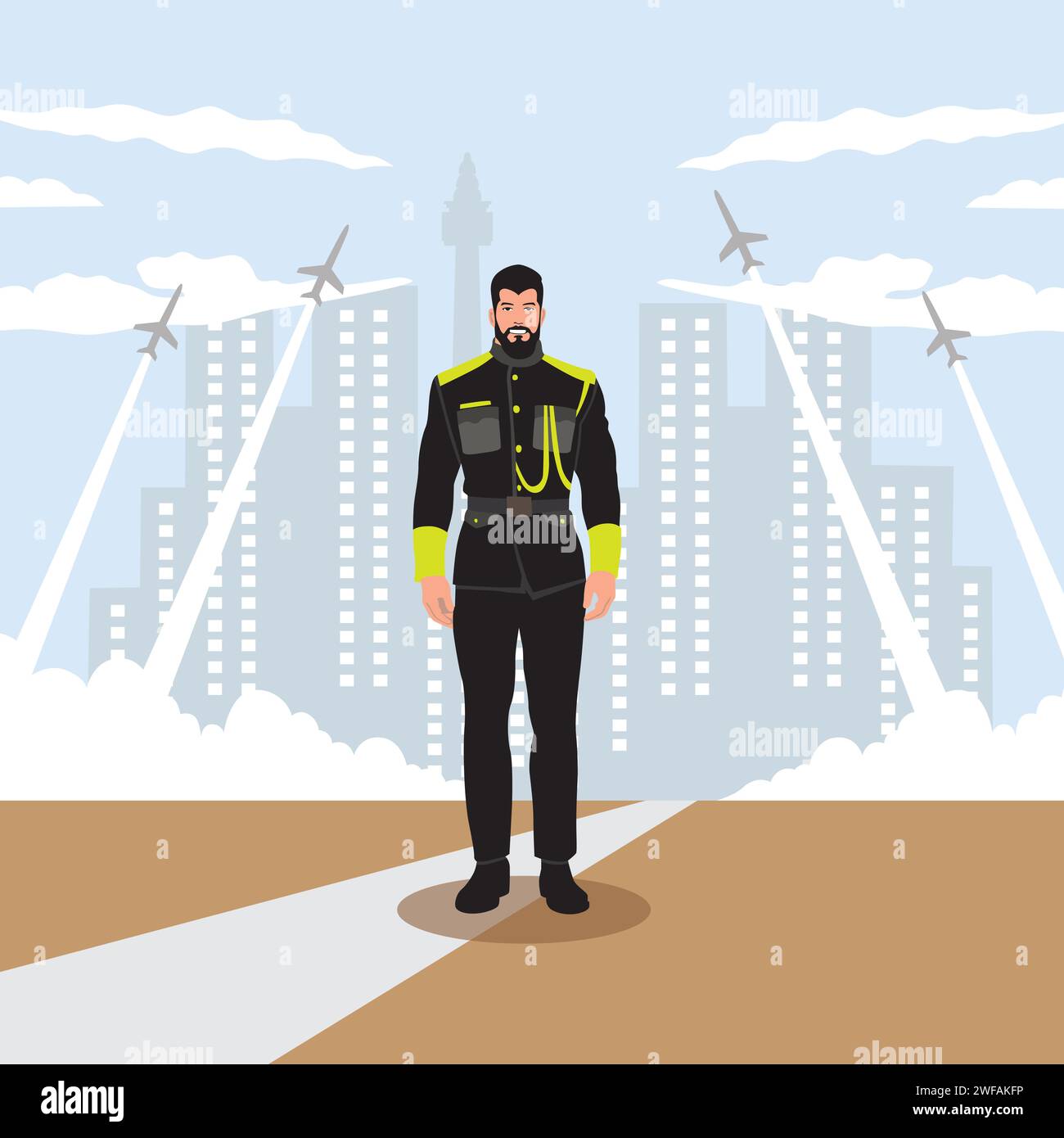 Illustrazione vettoriale di un generale dell'esercito sullo sfondo della città. Illustrazione Vettoriale