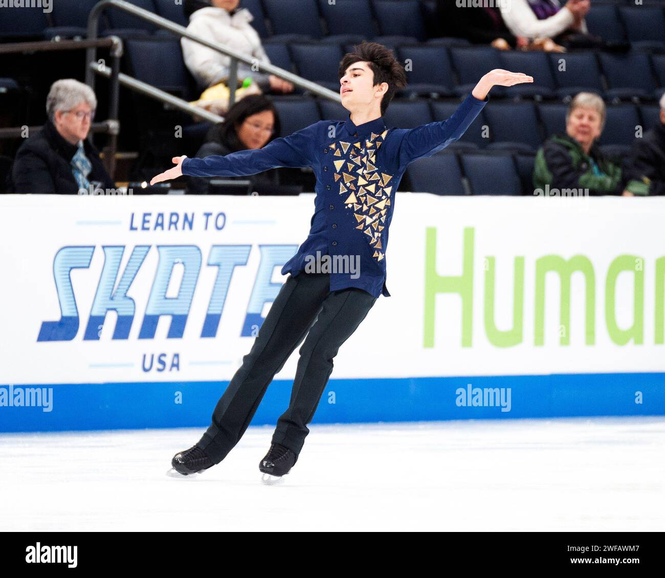 Columbus, Ohio, Stati Uniti. 23 gennaio 2024. Ryan William Azadpour pattina nel programma Junior maschile Short ai campionati statunitensi di pattinaggio di figura. Crediti: Brent Clark/Alamy Live News Foto Stock Columbus, Ohio, Stati Uniti. 23 gennaio 2024. Ryan William Azadpour pattina nel programma Junior maschile Short ai campionati statunitensi di pattinaggio di figura. Crediti: Brent Clark/Alamy Live News Foto Stock
