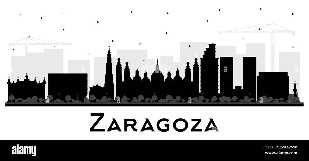 Profilo della città di Saragozza in Spagna con edifici neri isolati su bianco. Illustrazione vettoriale. Paesaggio urbano di Saragozza con monumenti storici. Illustrazione Vettoriale