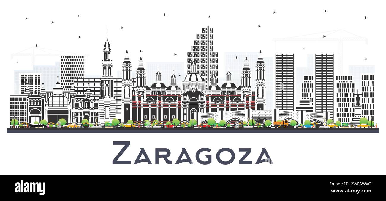 Skyline di Saragozza in Spagna con edifici colorati isolati su bianco. Illustrazione vettoriale. Paesaggio urbano di Saragozza con monumenti storici. Illustrazione Vettoriale