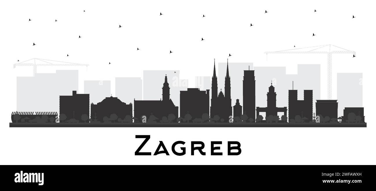 Zagabria Croatia City Skyline silhouette con edifici neri isolati su bianco. Illustrazione vettoriale. Paesaggio urbano di Zagabria con monumenti storici. Illustrazione Vettoriale