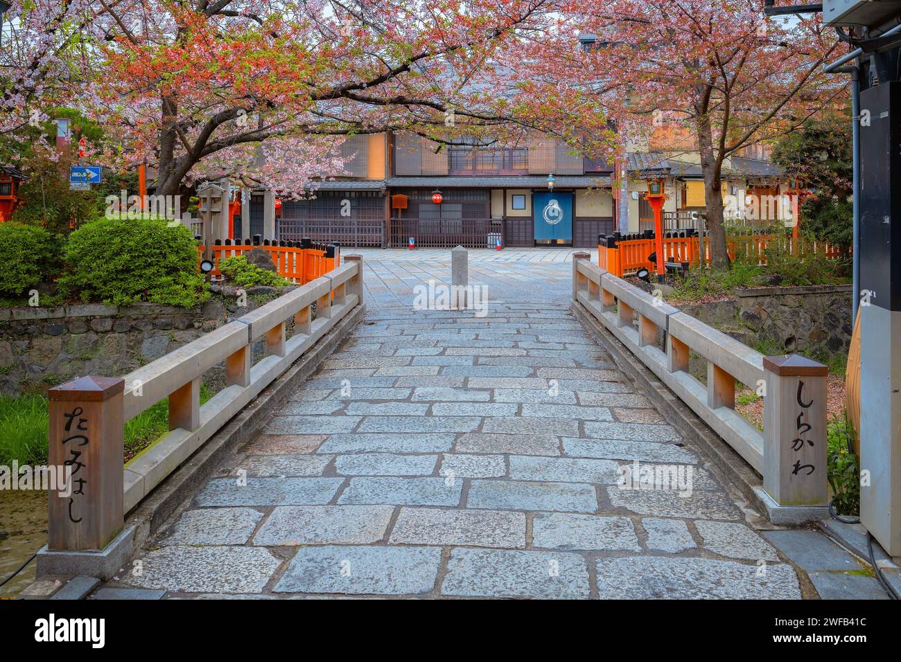 Kyoto, Giappone - 6 aprile 2023: Il ponte Tatsumi bashi è il luogo simbolo del distretto di Gion. E' un piccolo ponte che attraversa il torrente Shirakawa che scorre Foto Stock