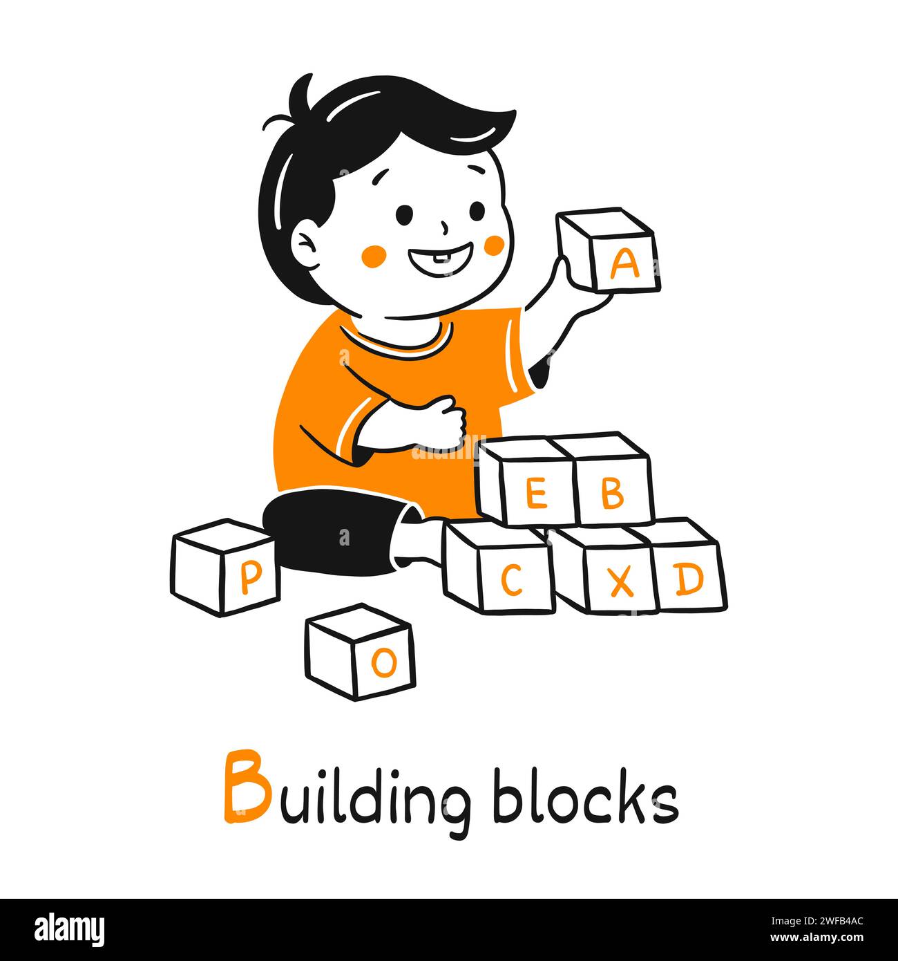 Bambino che gioca con mattoncini di mattoncini illustrazioni della scuola materna in stile cartone animato. Un bambino sorridente che gioca con l'alfabeto cubico. Nero Illustrazione Vettoriale