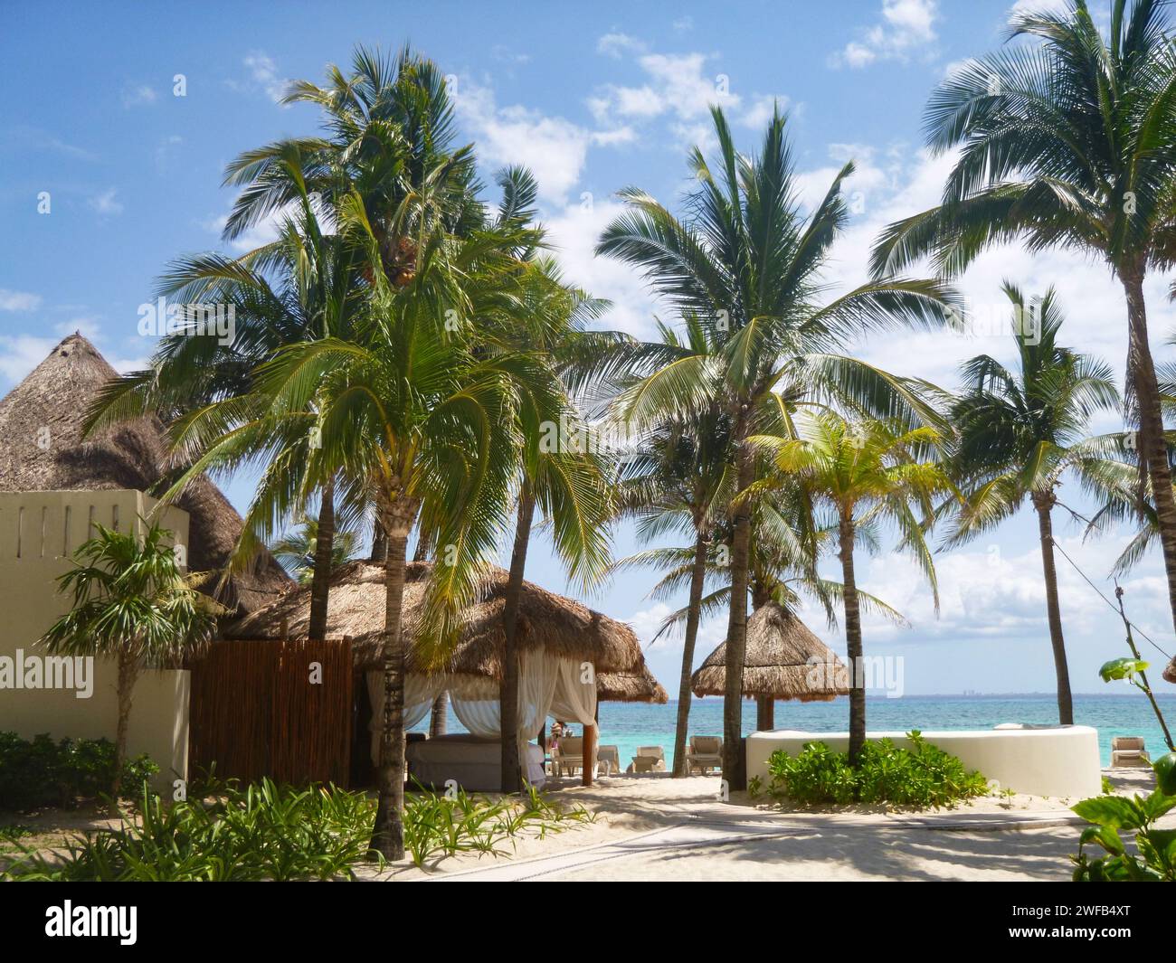 Rifugio per massaggi all'aperto sotto le palme sulla spiaggia sabbiosa di Playa del Carmen, Messico Foto Stock