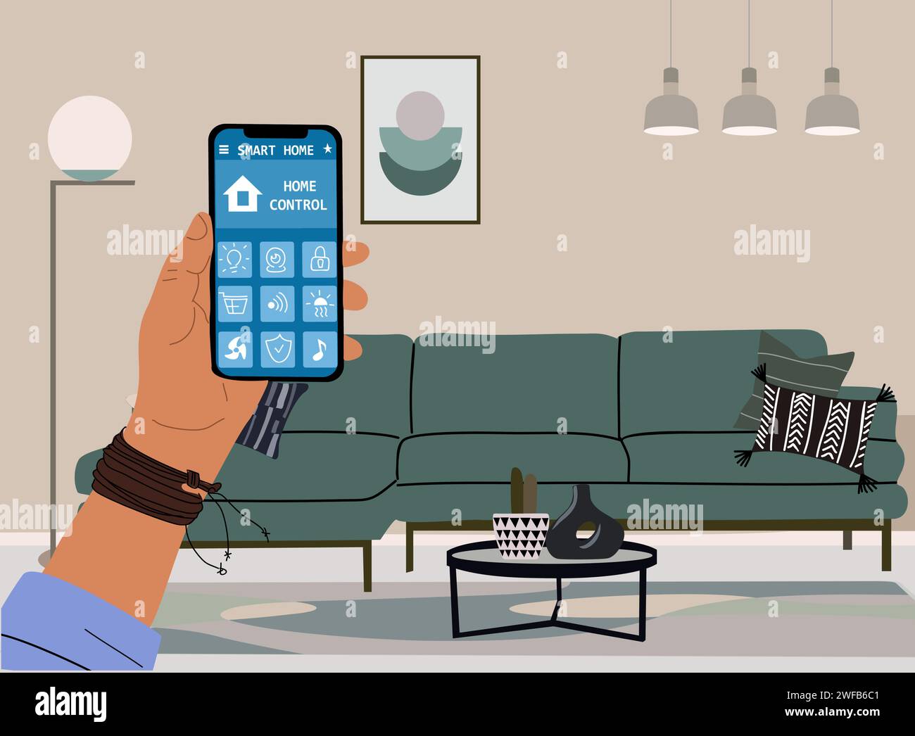 Con l'app Smart Home sul telefono e sulla scena interna. Illustrazione Vettoriale