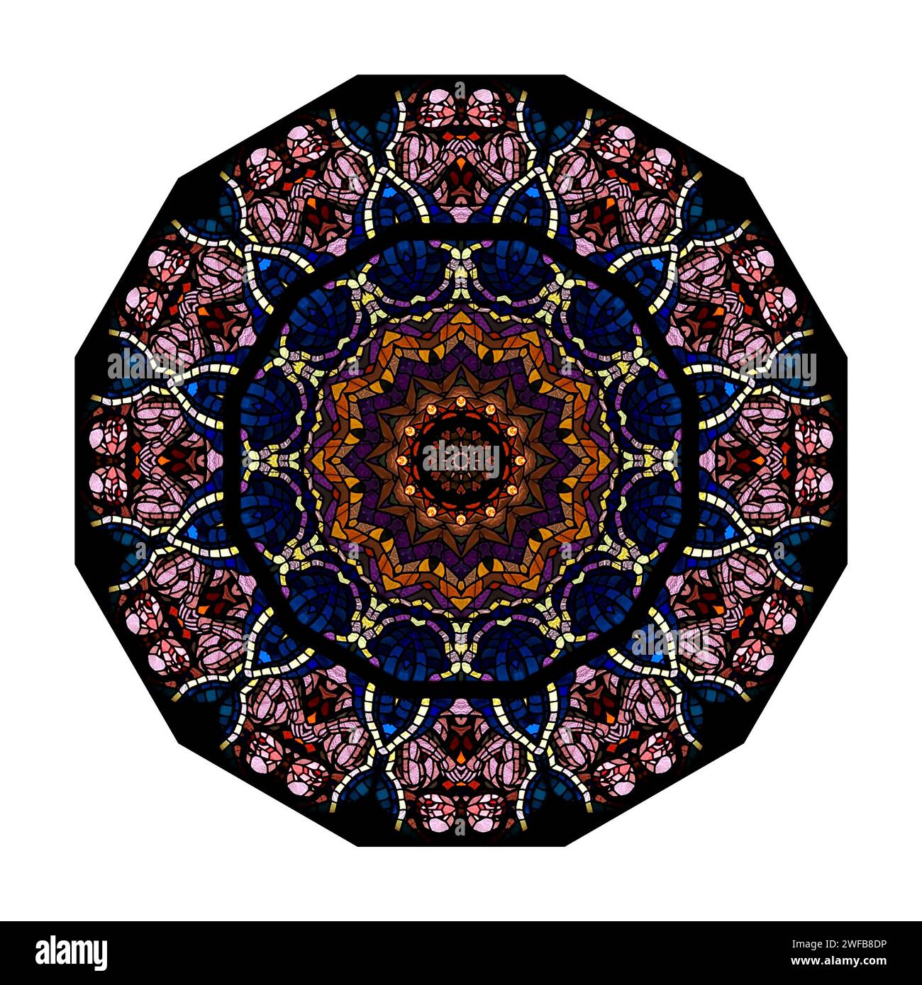 Kaleidoscop - immagine astratta creata dalla duplicazione multipla della vetrata colorata Foto Stock