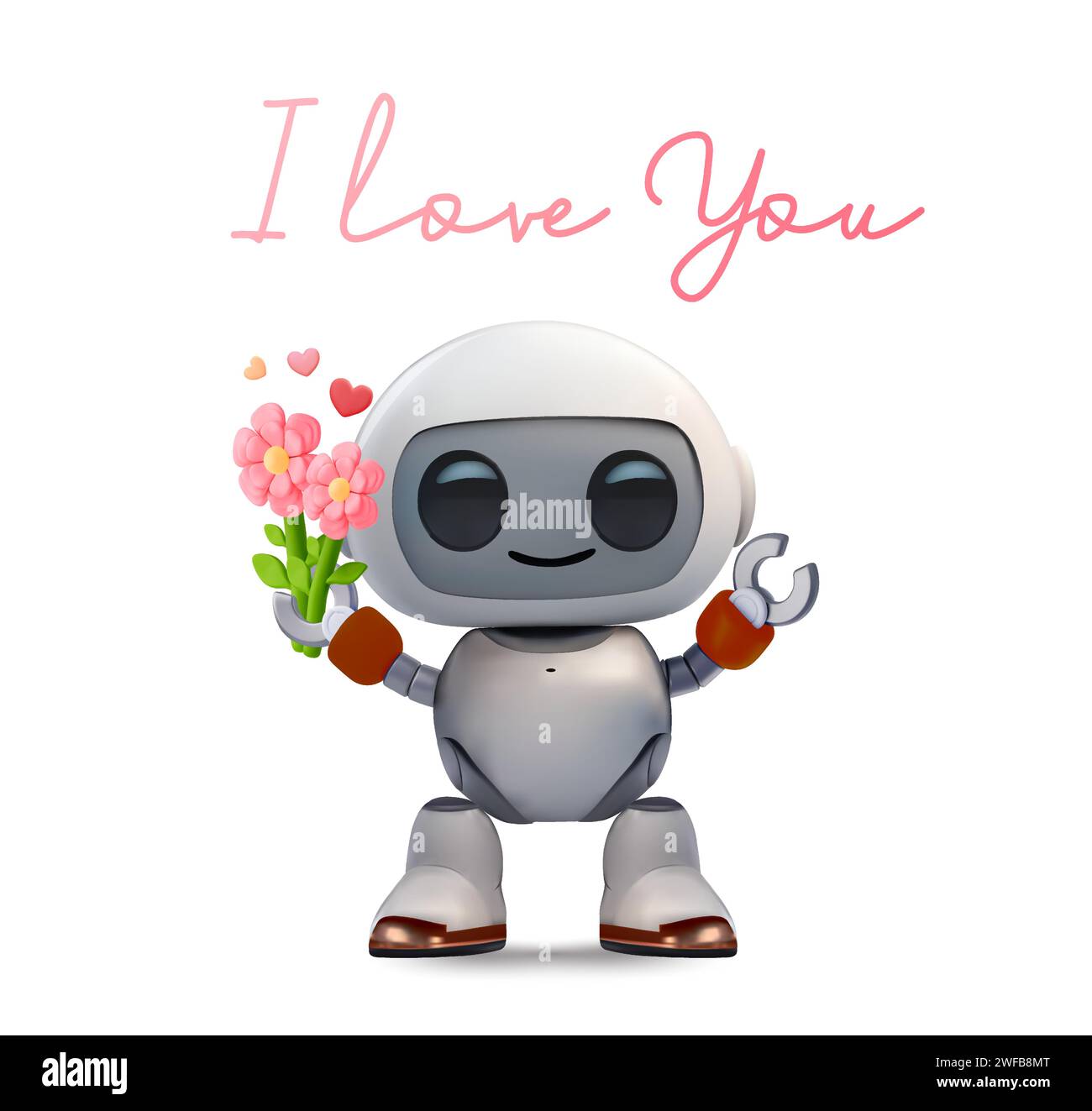 modello di banner chatbot 3d a cuore dolce con il robot che tiene il fiore. icona robot 3d resa carina e adorabile, isolata su sfondo bianco. Ti amo il concetto di emoji. illustrazione vettoriale 3d. Illustrazione vettoriale Illustrazione Vettoriale