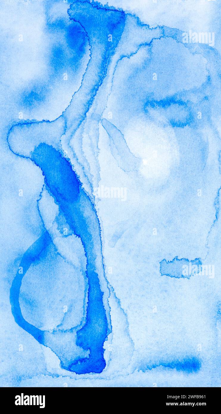 Arte astratta degli acquerelli che raffigura un vivace ruscello di zaffiro che si snoda attraverso una distesa blu pallido Foto Stock