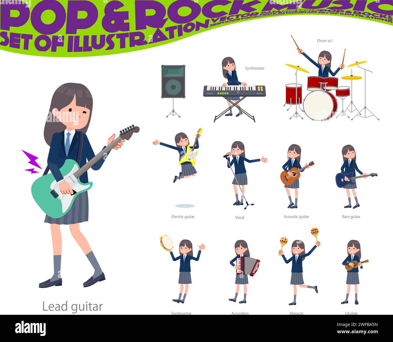 Una serie di studentesse blazer della marina che suonano rock 'n' roll e musica pop.è un'arte vettoriale facilissima da modificare. Illustrazione Vettoriale