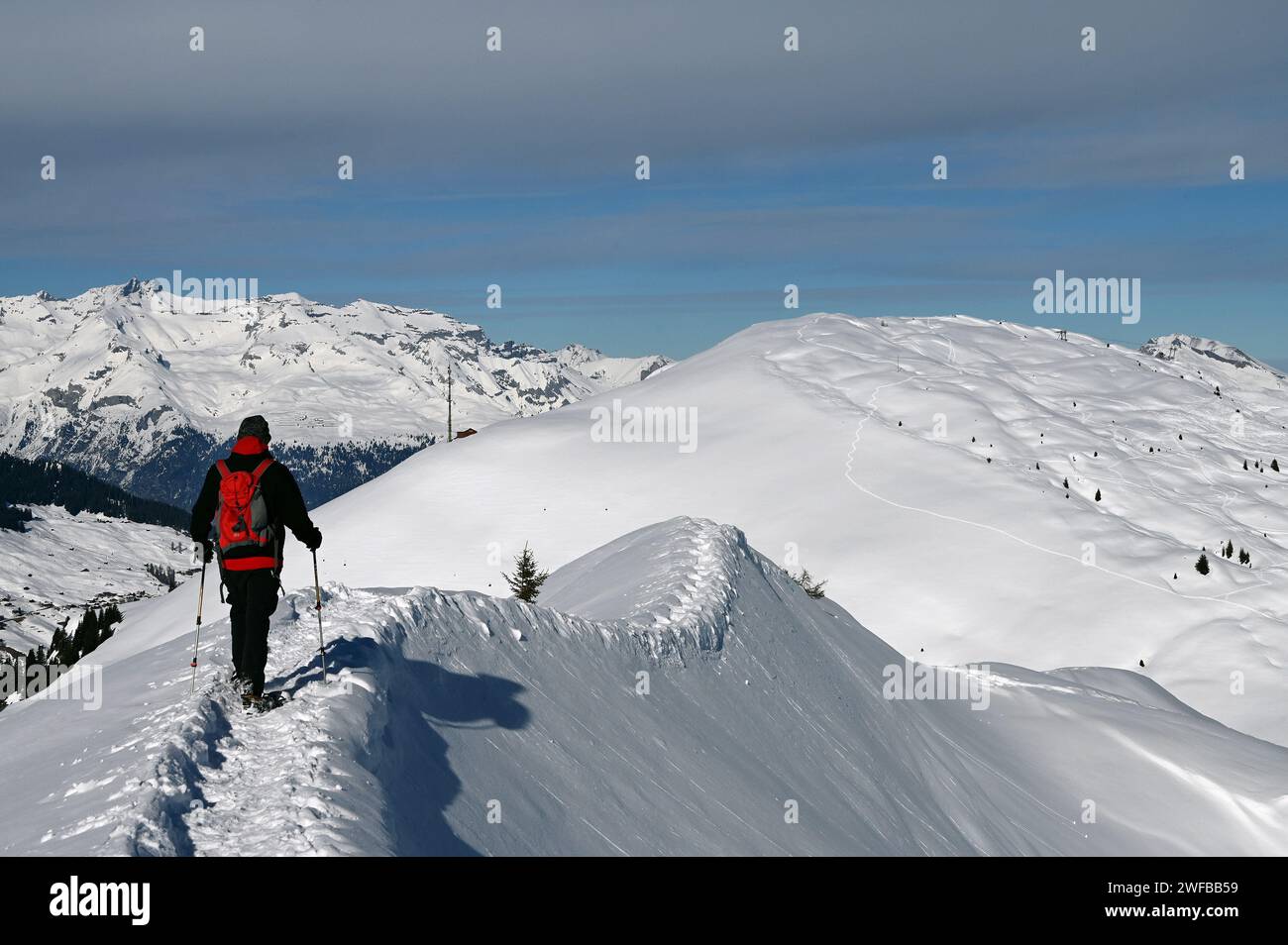 Schneeschuh Wandern im Naturpark Beverin, Graubünden, Schweiz Foto Stock