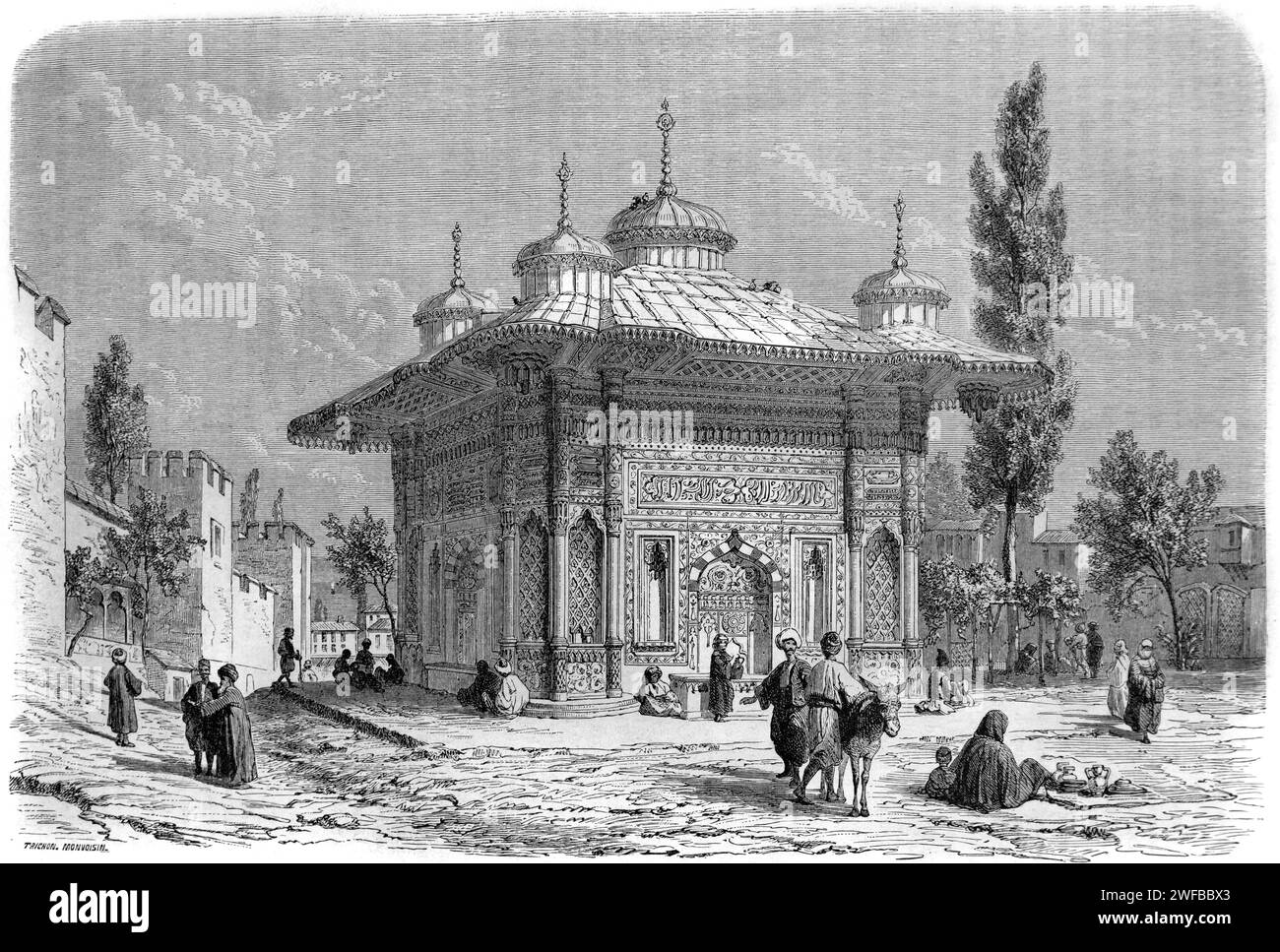 Fontana di Ahmed III, Sebil o Fontana di strada (1728) e le mura del Palazzo Topkapi nel distretto di Sultanahmet in Turchia. Incisione vintage o storica o illustrazione 1863 Foto Stock