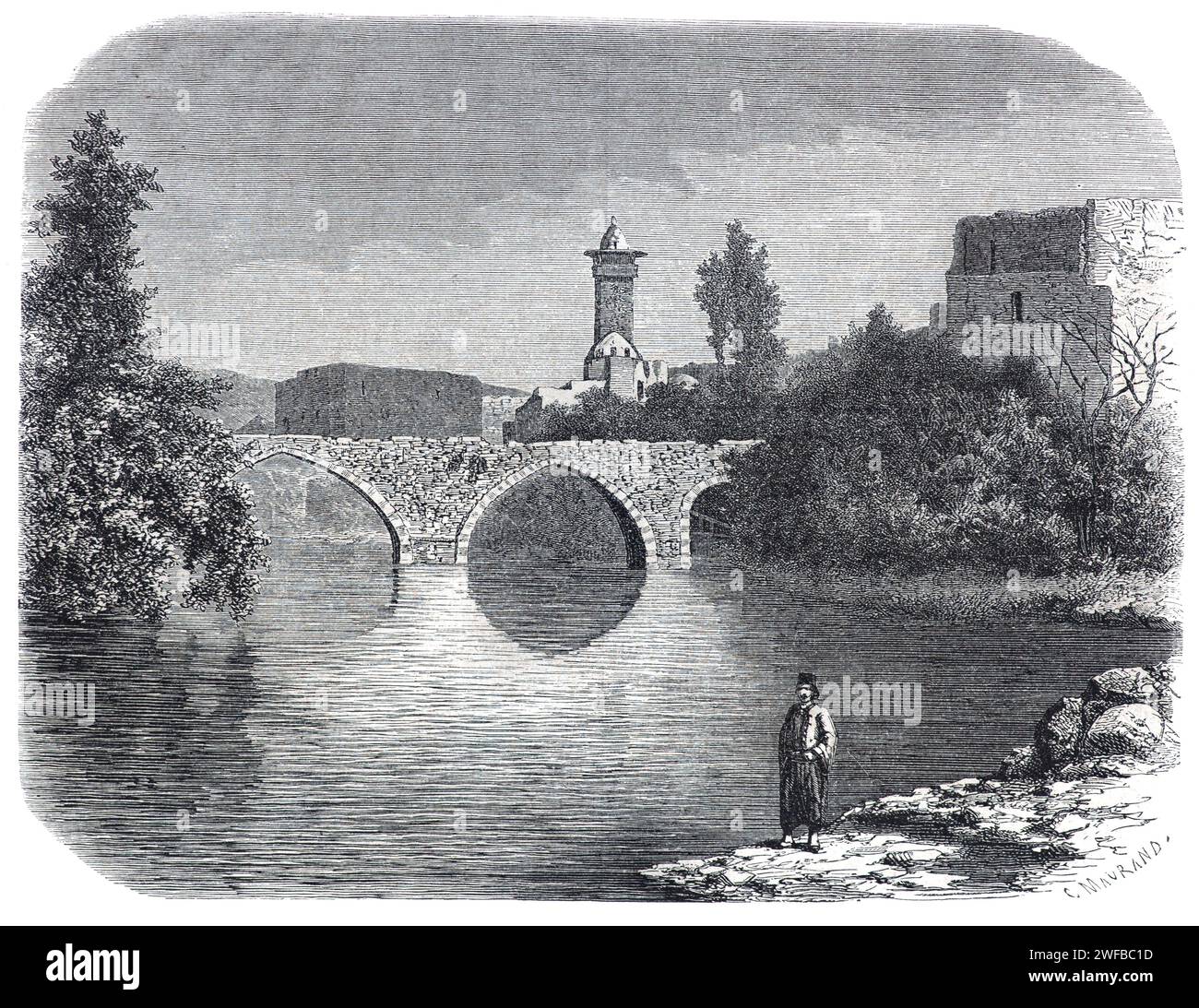 Ponte storico sul fiume Orontes a Hama, Siria. Incisione d'epoca o storica o illustrazione 1863 Foto Stock