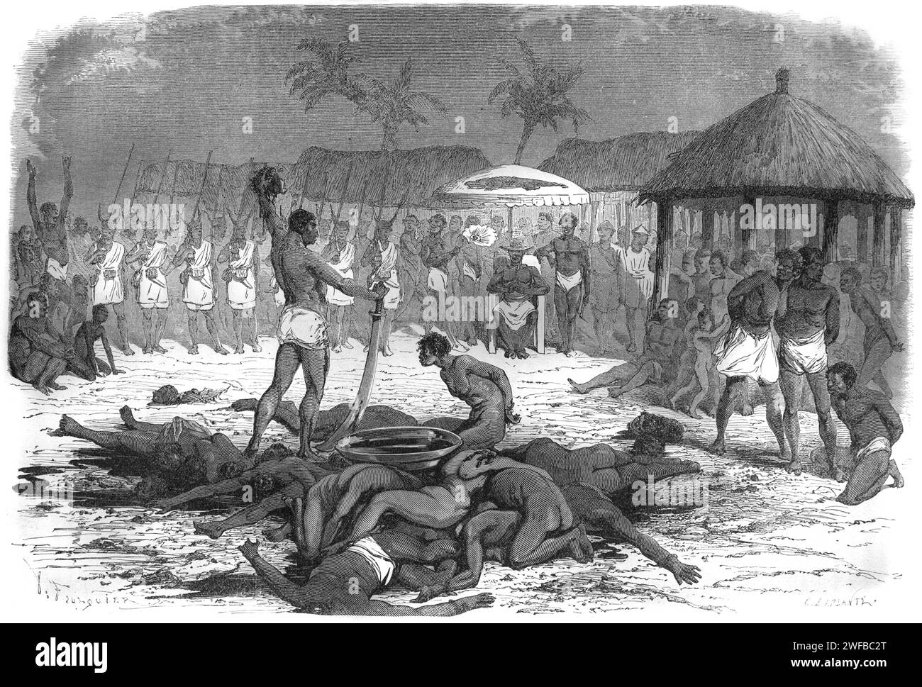 Sacrificio umano di fronte al re Ghezo nel regno del Dahomey (1600-1904), ora Benin, Africa occidentale. Incisione o illustrazione d'epoca o storica Foto Stock