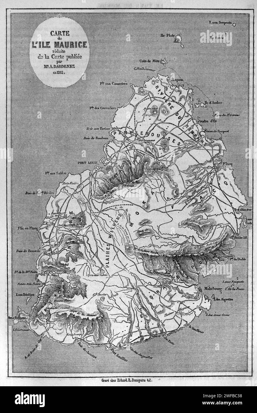 Mappa d'epoca o vecchia mappa di Mauritius. Incisione d'epoca o storica o illustation 1863 Foto Stock