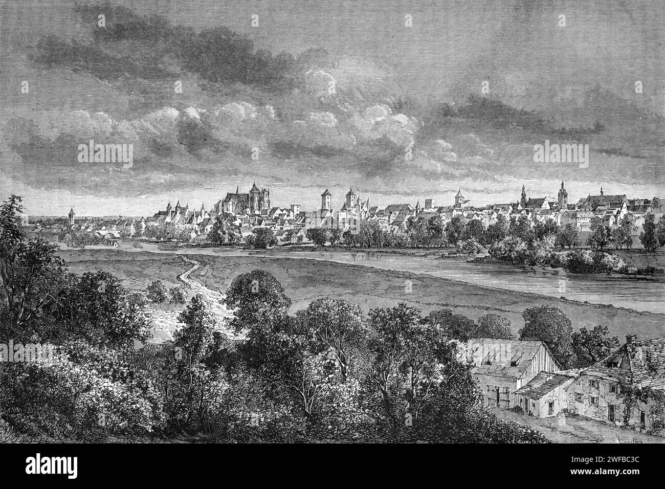 Vista panoramica anticipata o Panorama di Ratisbona, precedentemente conosciuto come Ratisbon, Baviera orientale Germania. Incisione d'epoca o storica o illustrazione 1863 Foto Stock