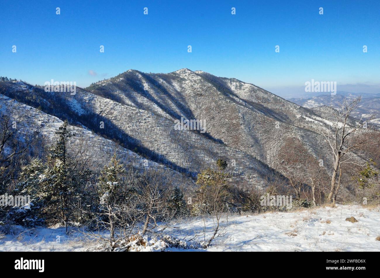 Colline innevate vicino al bordo della valle catturate da un punto panoramico in cima alla collina Foto Stock