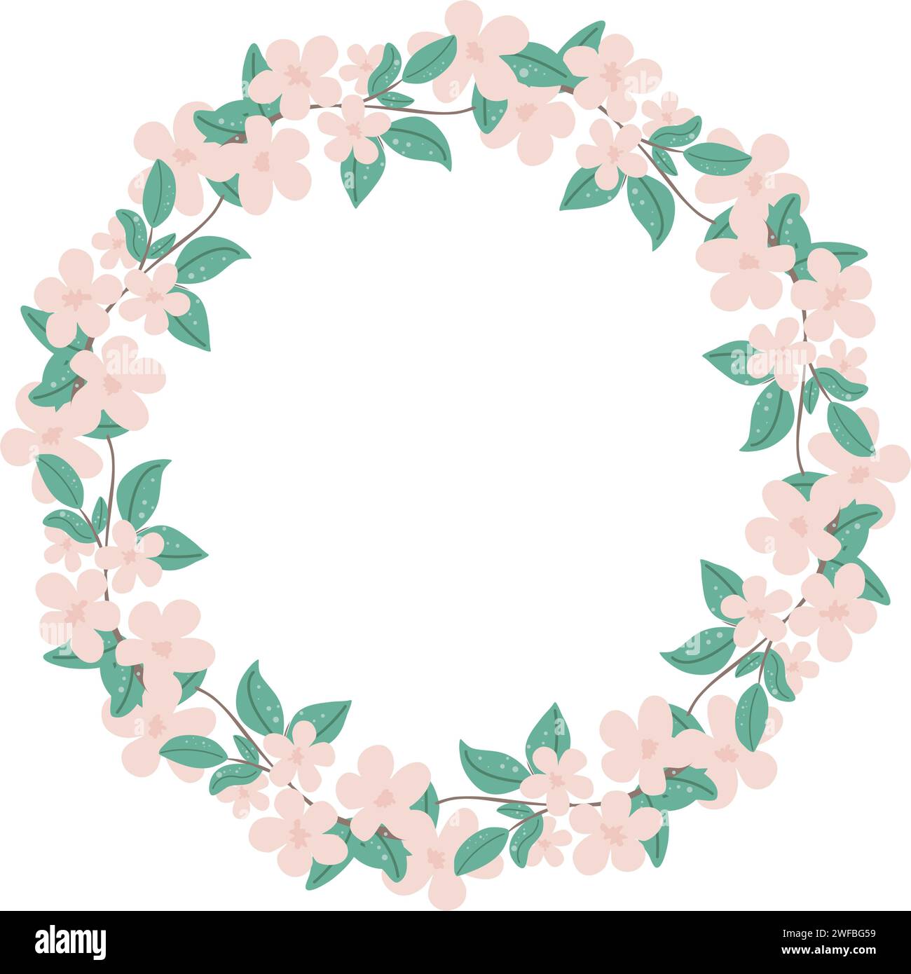 Telaio a molla floreale, illustrazione vettoriale. Fiori rosa e bordo tondo fogliame con spazio per la copia. Ornamento in fiore vuoto per cartoline, cartoline, design Illustrazione Vettoriale