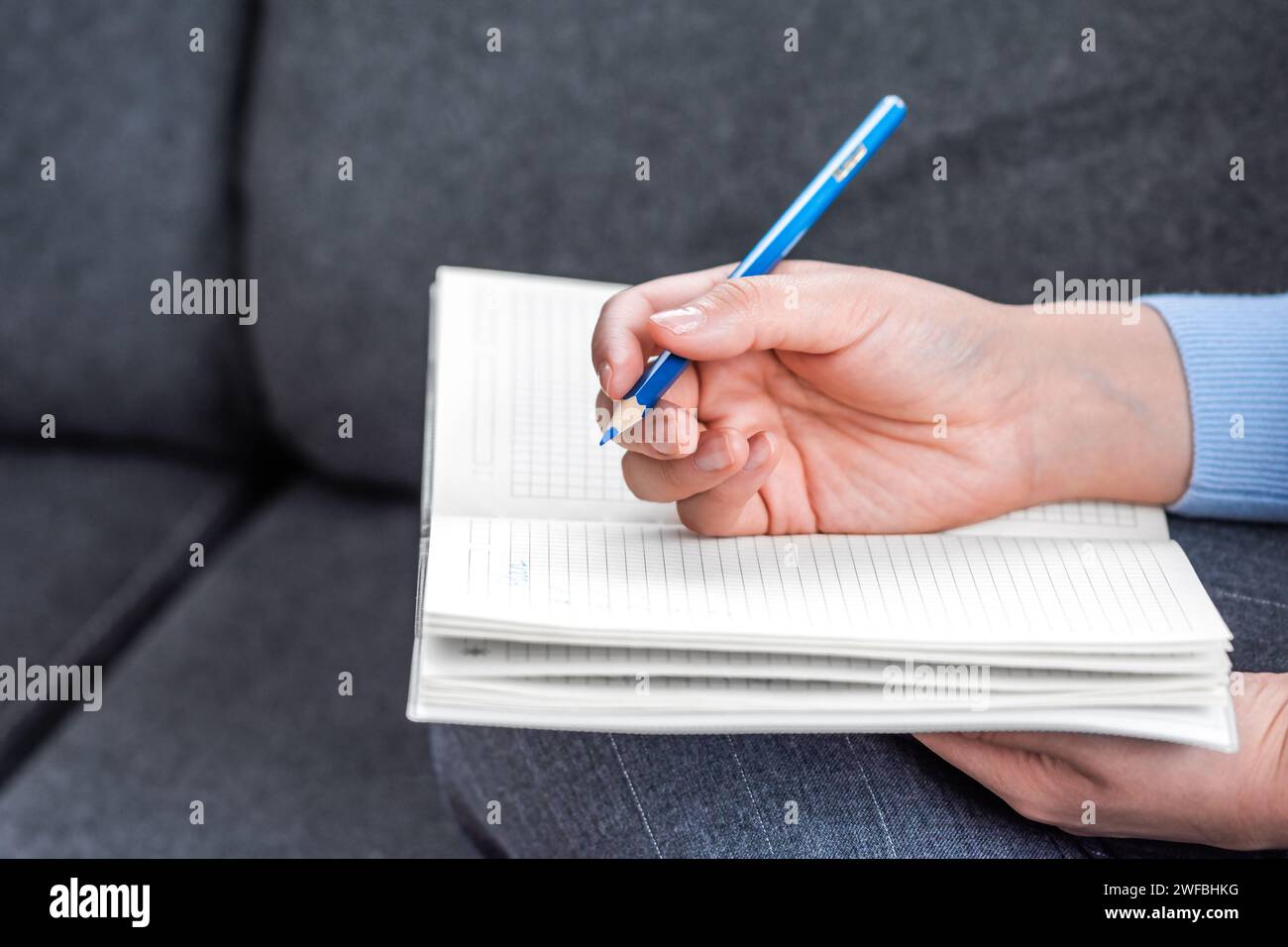 Una donna è seduta sul divano e scrive nel suo diario Foto Stock