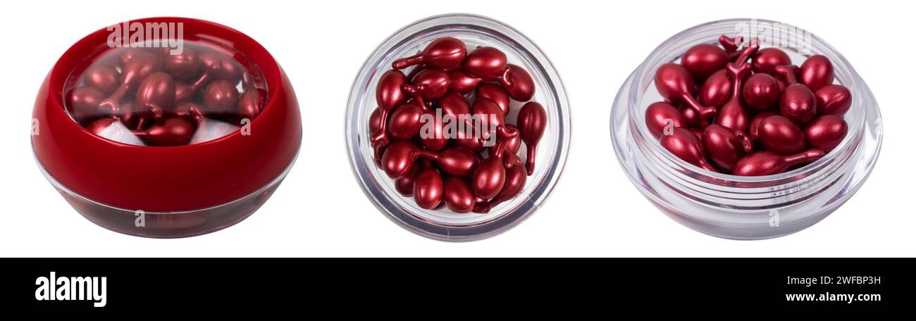 capsule di olio per la cura del viso su sfondo bianco. olio nutriente monouso per pelle secca e danneggiata. Cosmetici anti-età Foto Stock