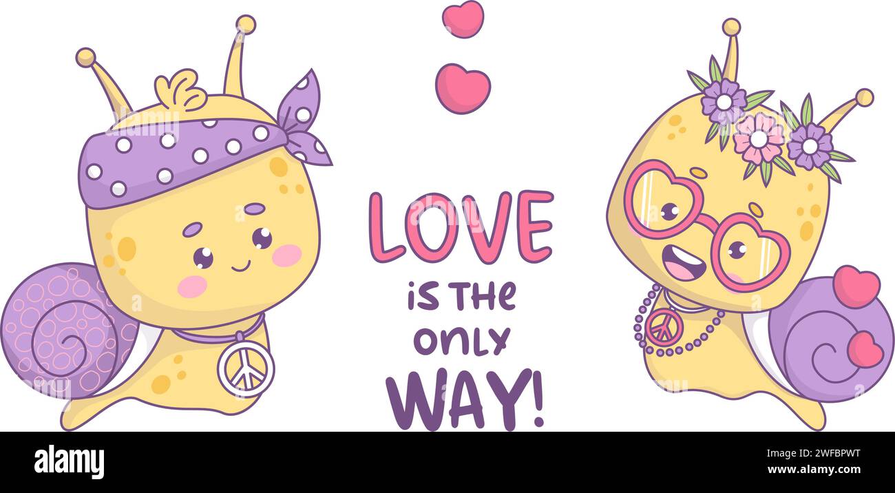 Divertente coppia di lumache hippy personaggio. Simpatici amanti insetti kawaii in stile retrò alla moda. Illustrazione vettoriale in stile anni '70 Illustrazione Vettoriale