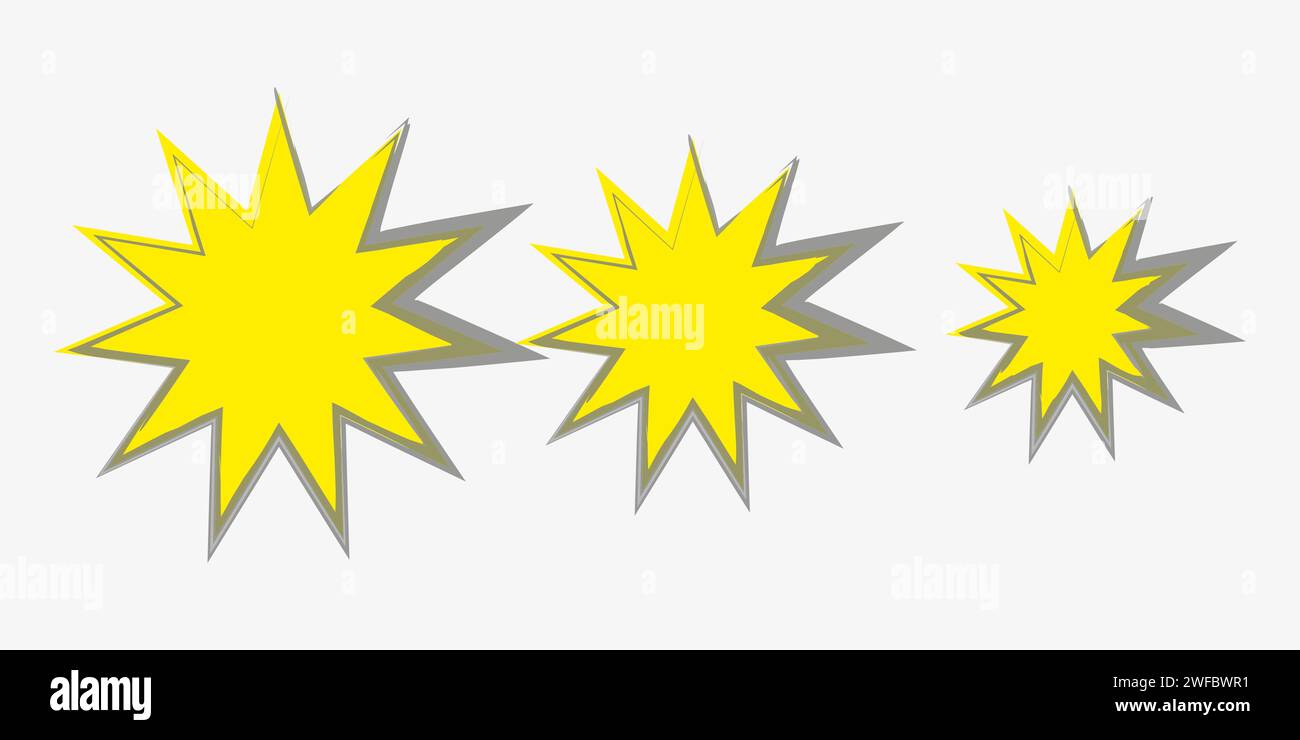 Icona Starburst gialla impostata. Bang sign. Da più a meno. Fascia di prezzo. Simbolo di vendita. Illustrazione vettoriale. Immagine stock. EPS 10. Illustrazione Vettoriale
