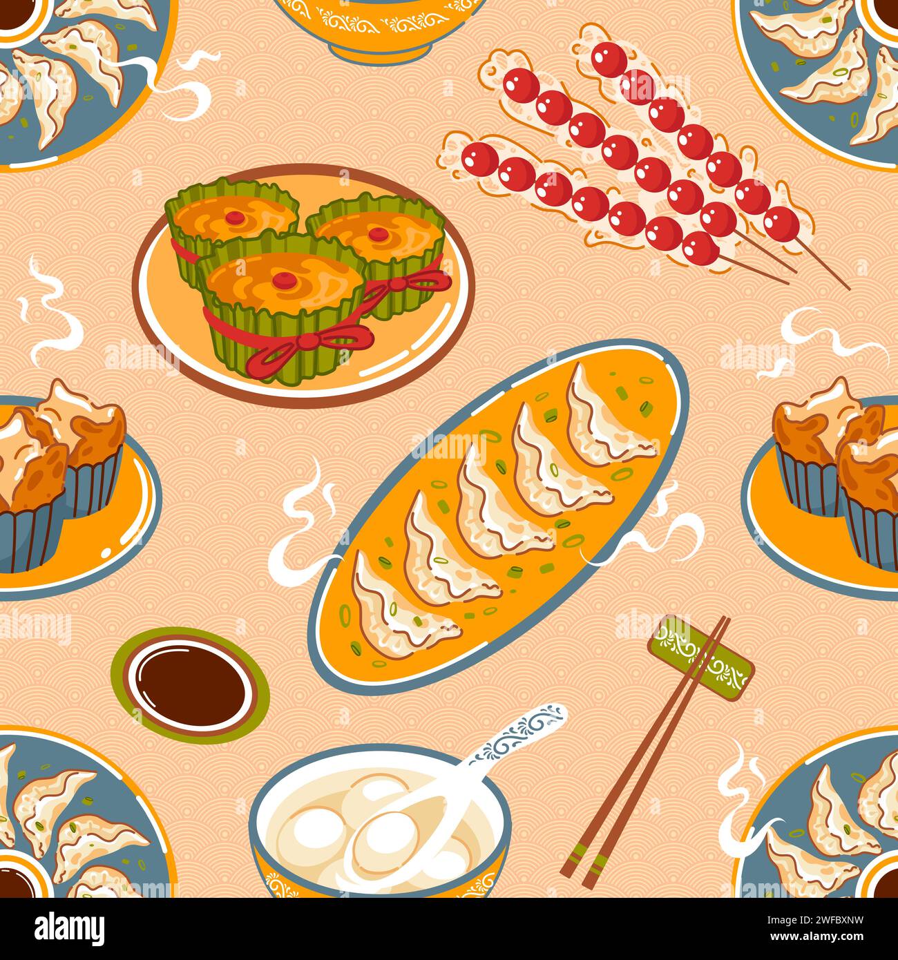 Cucina asiatica tradizionale per il capodanno cinese senza cuciture. Nian Gao, torta di riso. Fa Gao. Palle di riso del sud Ningbo. Palle da zuppa. Biancospini canditi. Illustrazione Vettoriale