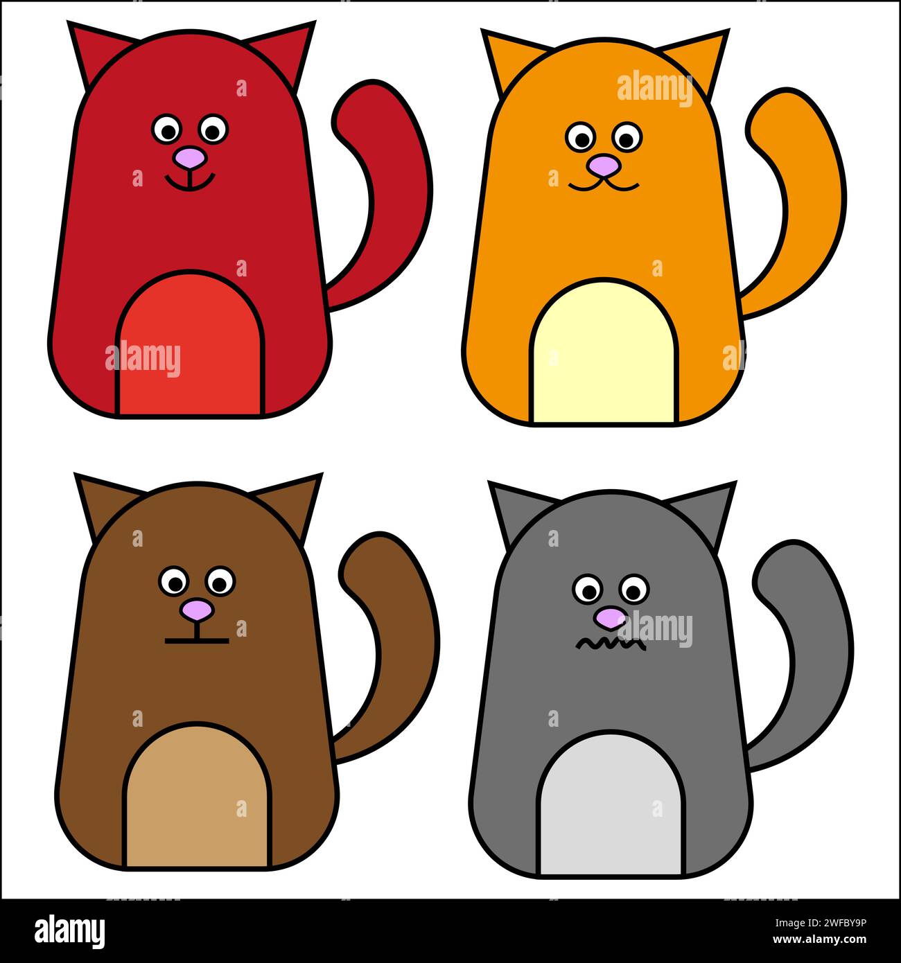 Carino set di icone gatto. Animali comici colorati. Faccia emotiva. Stile cartoni animati. Arte creativa. Illustrazione vettoriale. Immagine stock. EPS 10. Illustrazione Vettoriale