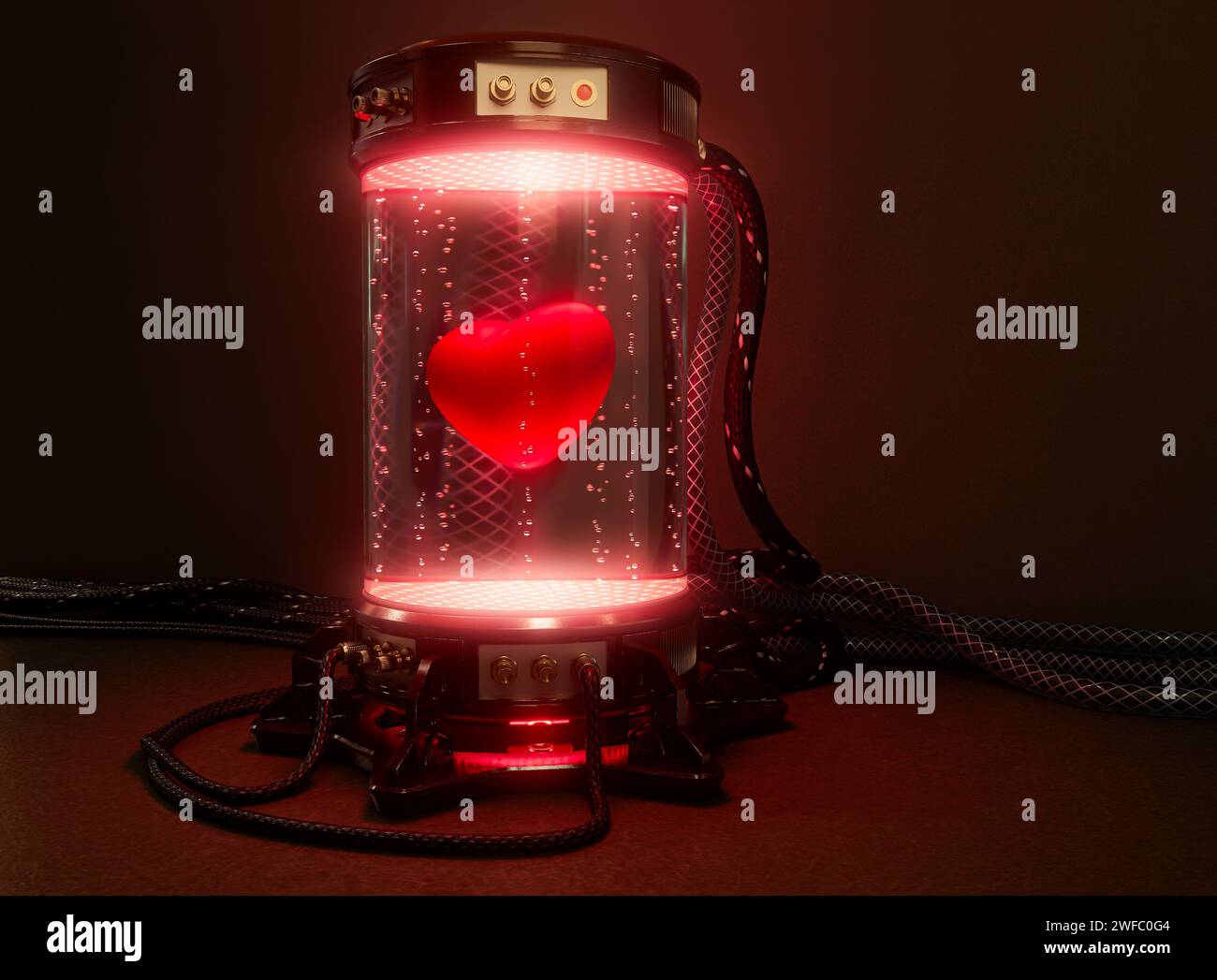 Una macchina per provette criogeniche per laboratori scientifici futuristici e scuri riempita di liquido e bolle d'aria incandescenti e un cuore rosso con cavi collegati e strofinamento Foto Stock