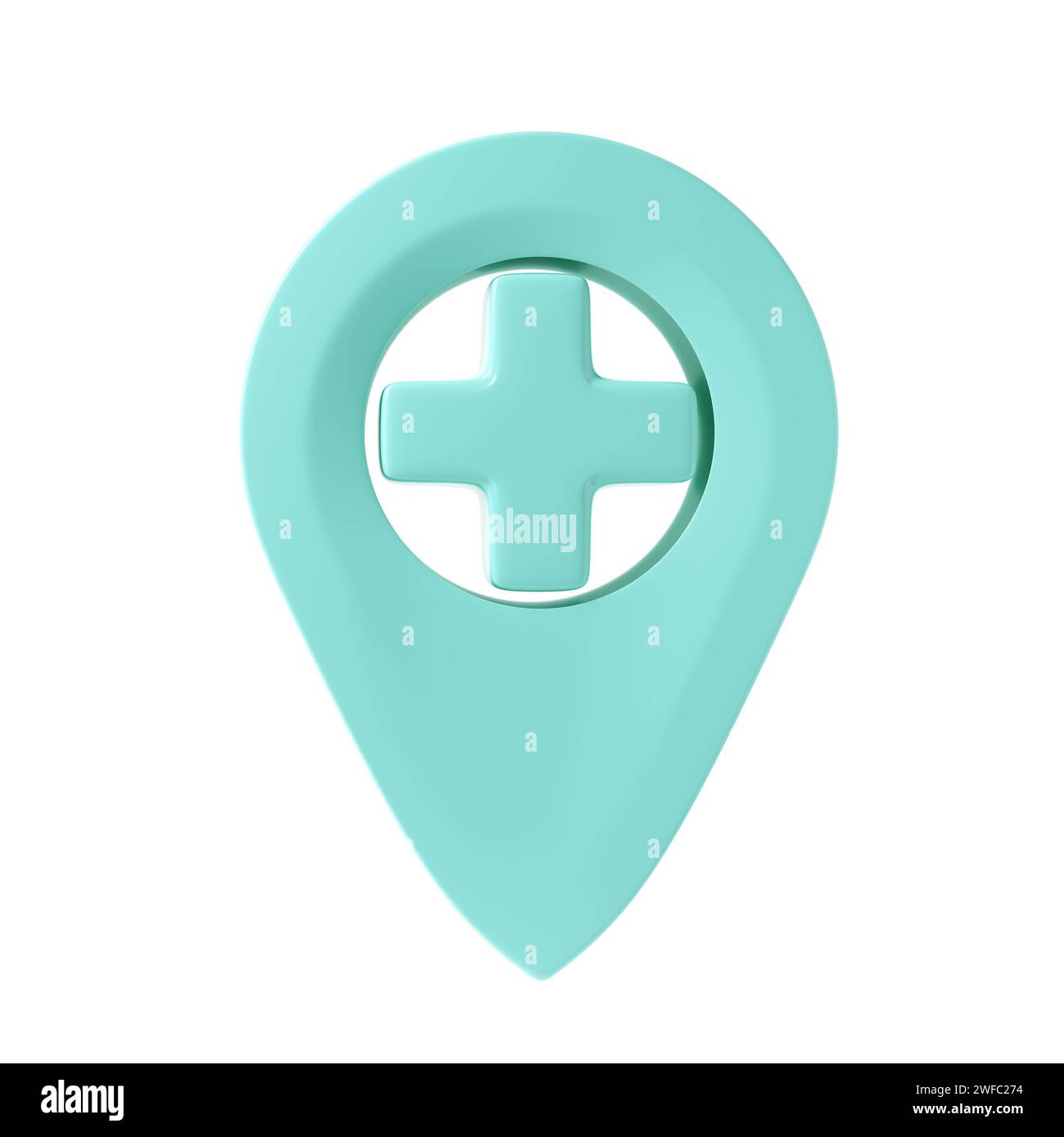 icona geotag di image medicine 3d. Azienda sanitaria trasversale. Mappa tag turchese su sfondo bianco. Posizione dell'ospedale. Coordinate geografiche Foto Stock