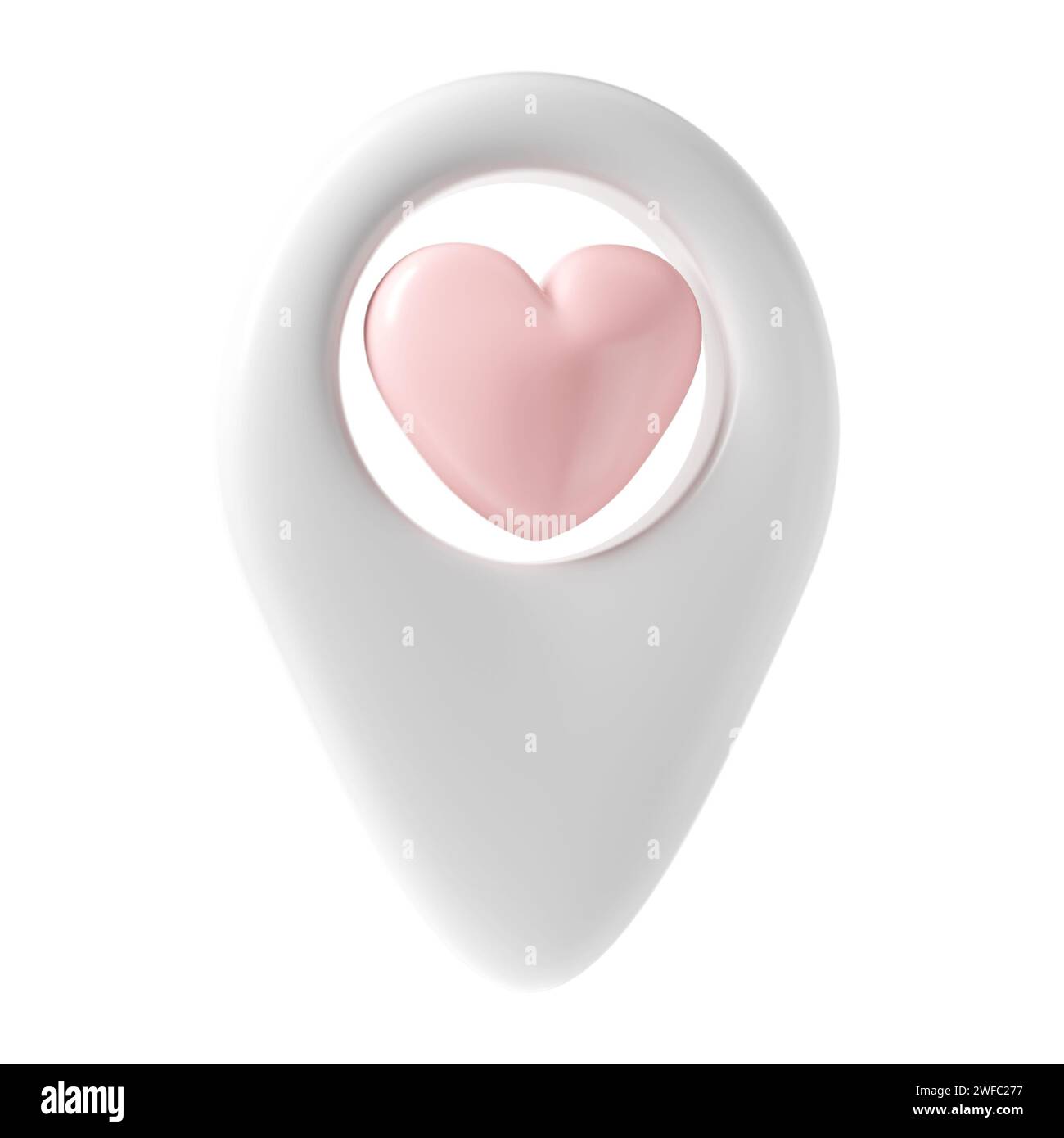 Icona puntina 3d puntatore mappa san valentino. Punto di localizzazione geotag bianco con cuore rosa, simbolo preferito amore. illustrazione per web, app, infografiche Foto Stock