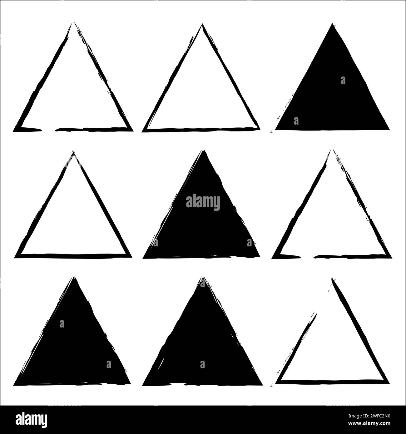 Set di triangoli grunge. Design artistico astratto. Pennello a inchiostro. Bordo cornice. Stile vintage. Illustrazione vettoriale. Immagine stock. EPS 10. Illustrazione Vettoriale