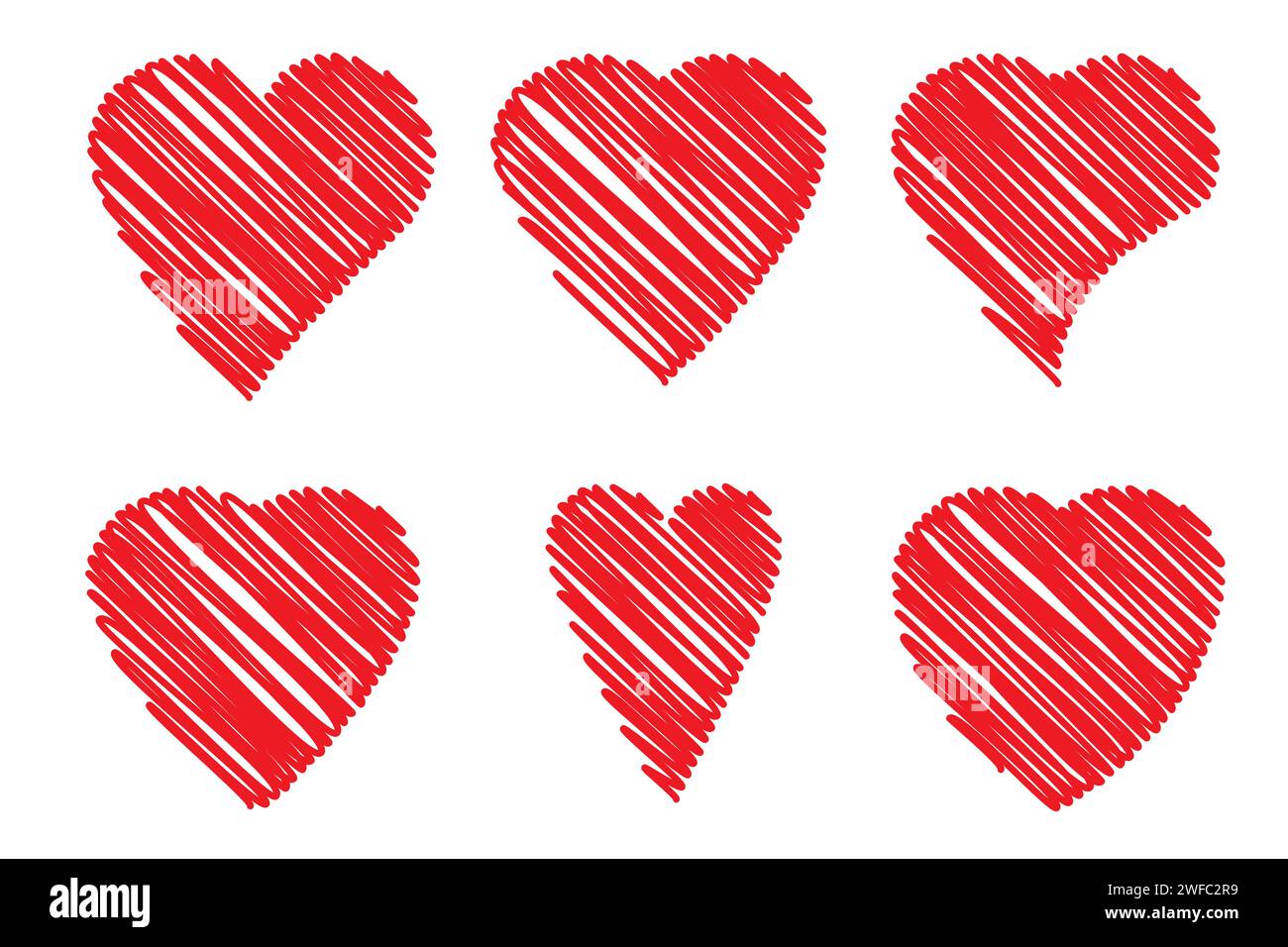 Set di icone rosse con marcatore cardiaco. Disegno con pennarello. Sfondo romantico. Simbolo d'amore. Illustrazione vettoriale. Immagine stock. EPS 10. Illustrazione Vettoriale