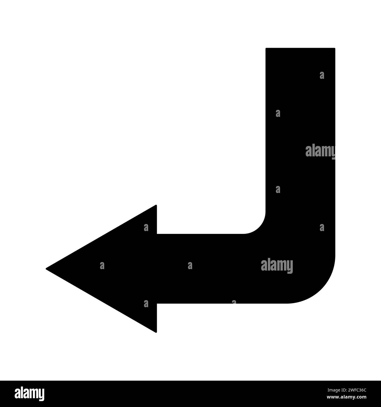 Angolo freccia giù a sinistra. Segno angolare morbido. Elemento app isolato. Sfondo di navigazione. Illustrazione vettoriale. Immagine stock. EPS 10. Illustrazione Vettoriale