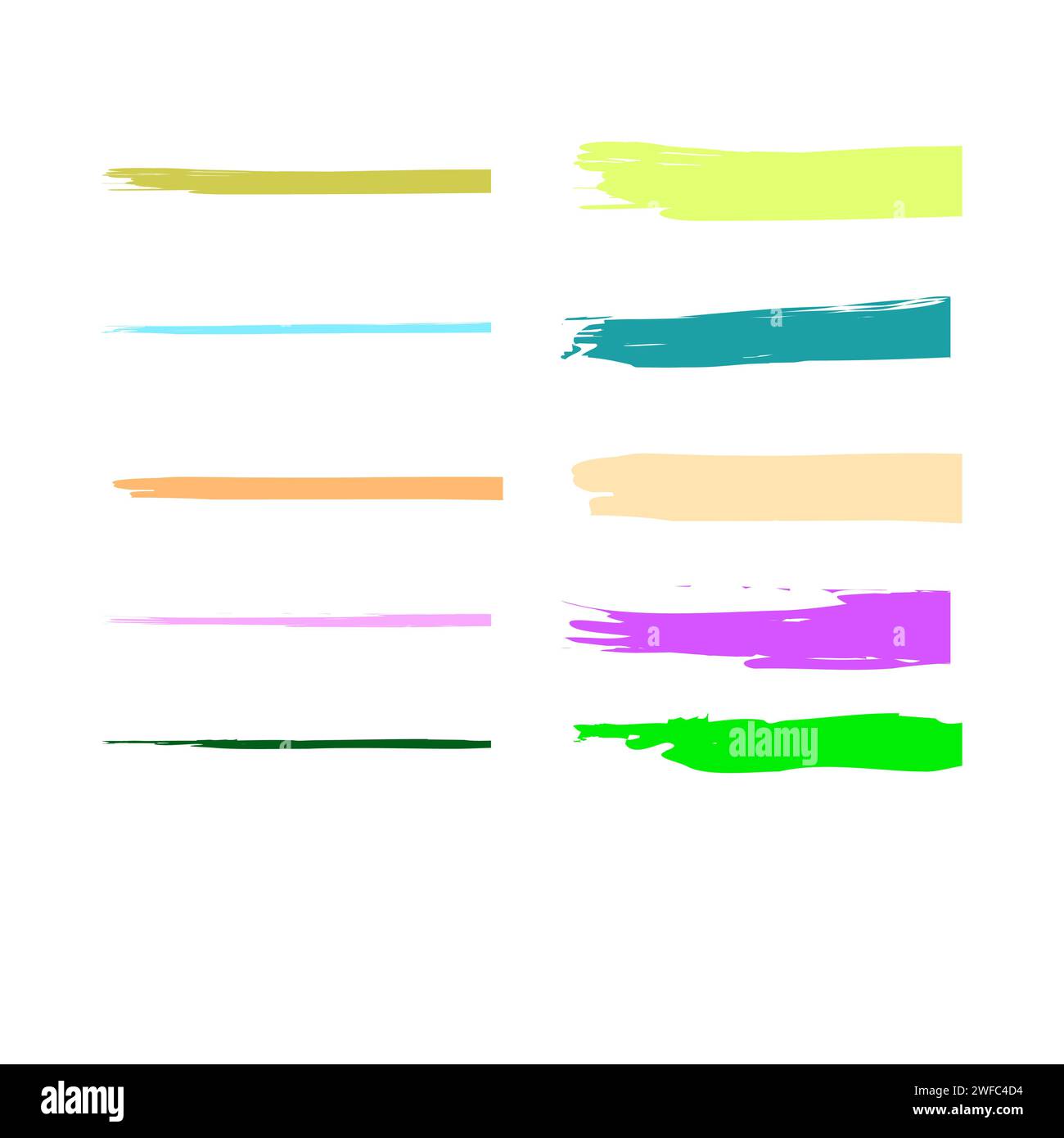 Set di linee di pennello evidenziatore a colori disegnate a mano. Collezione acquerelli. Stile tratto pennello. Illustrazione vettoriale. Immagine stock. EPS 10. Illustrazione Vettoriale